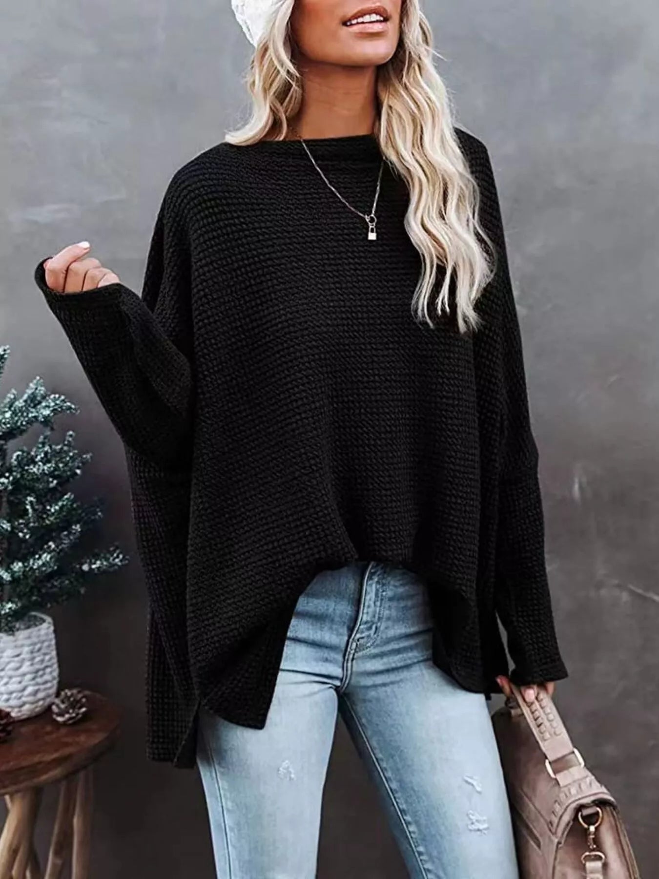 Boat Neck Waffle Knit Top