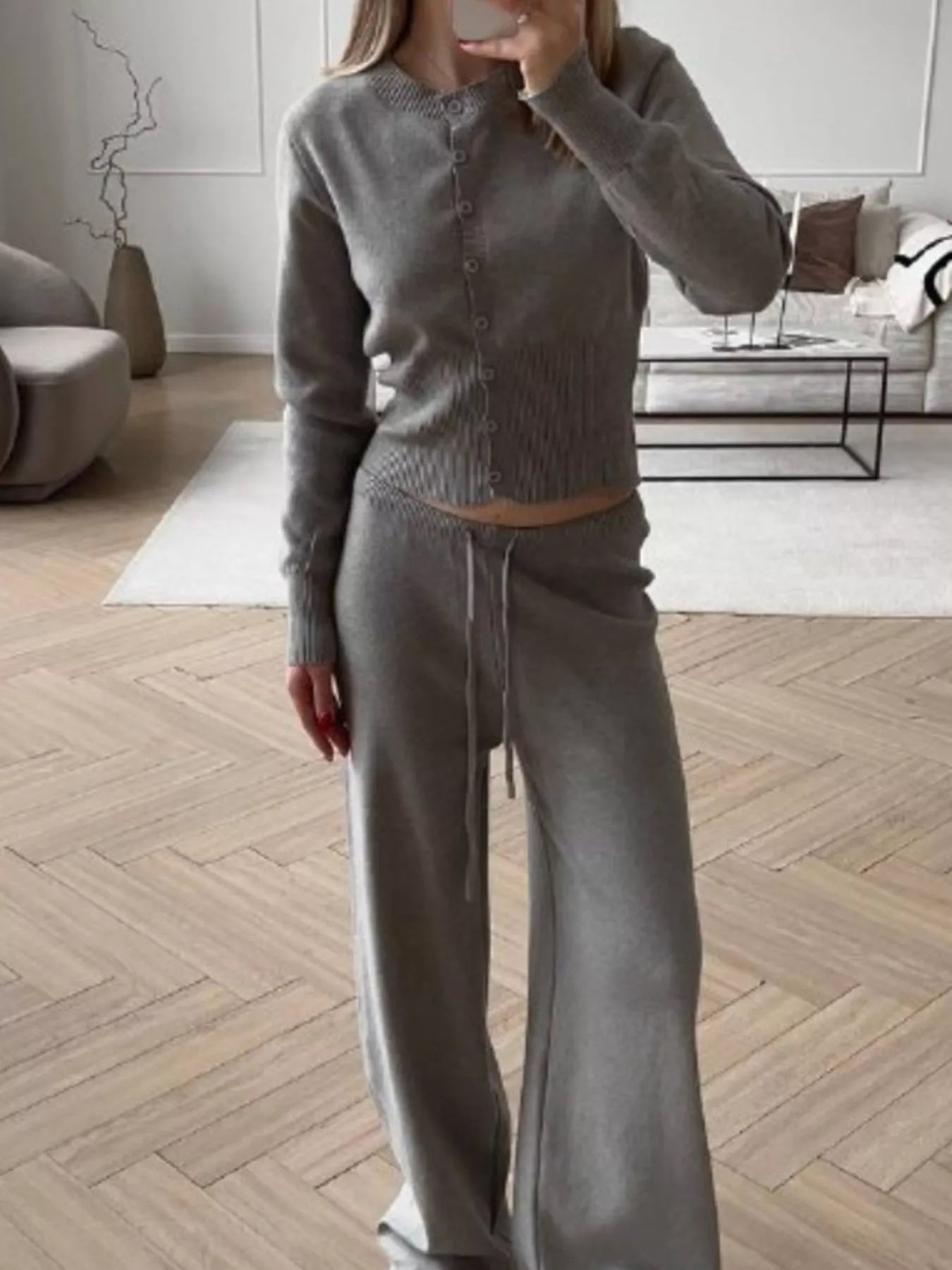 Button Up Cardigan and Pants Knit Set