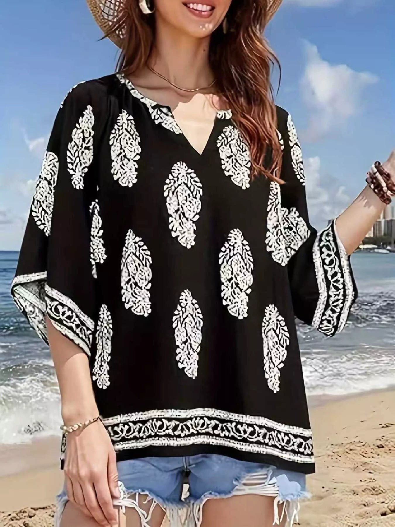 Printed Notched 3/4 Sleeve Blouse