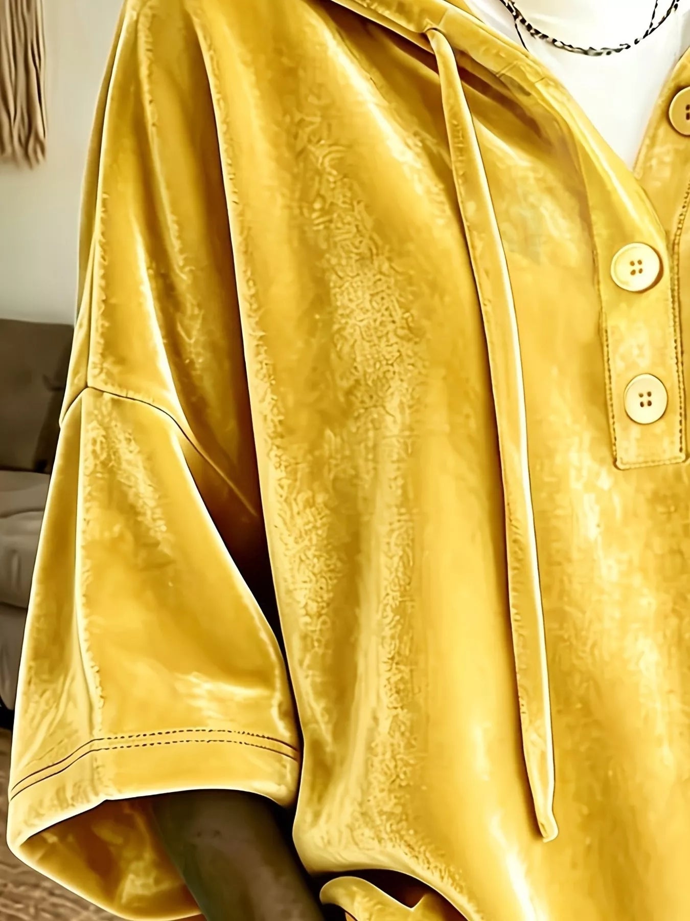 Full Size Velvet Button Detail Drawstring Hoodie Plus Size
