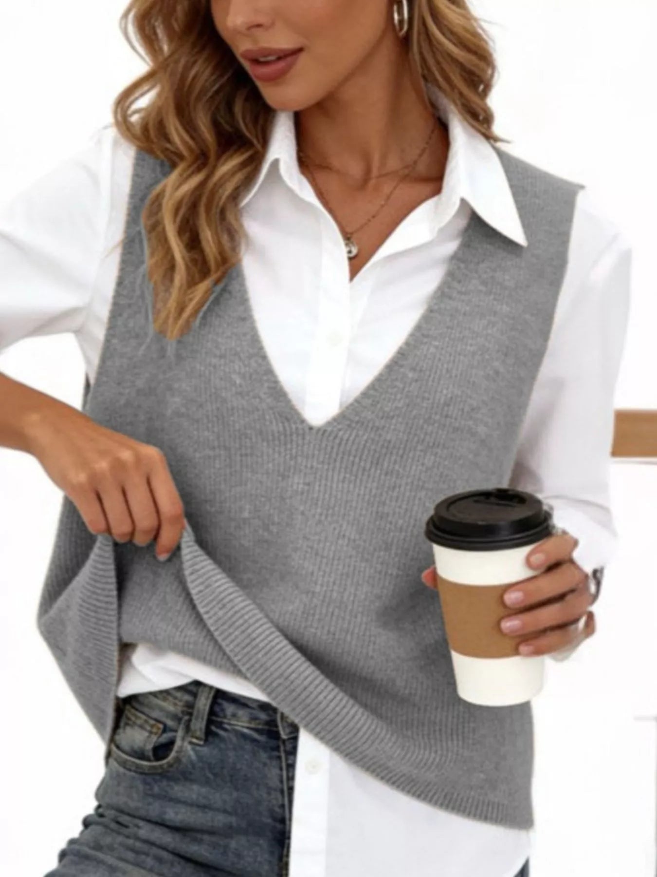 Full Size Chic V-Neck Sleeveless Knit Sweater Vest Plus Size