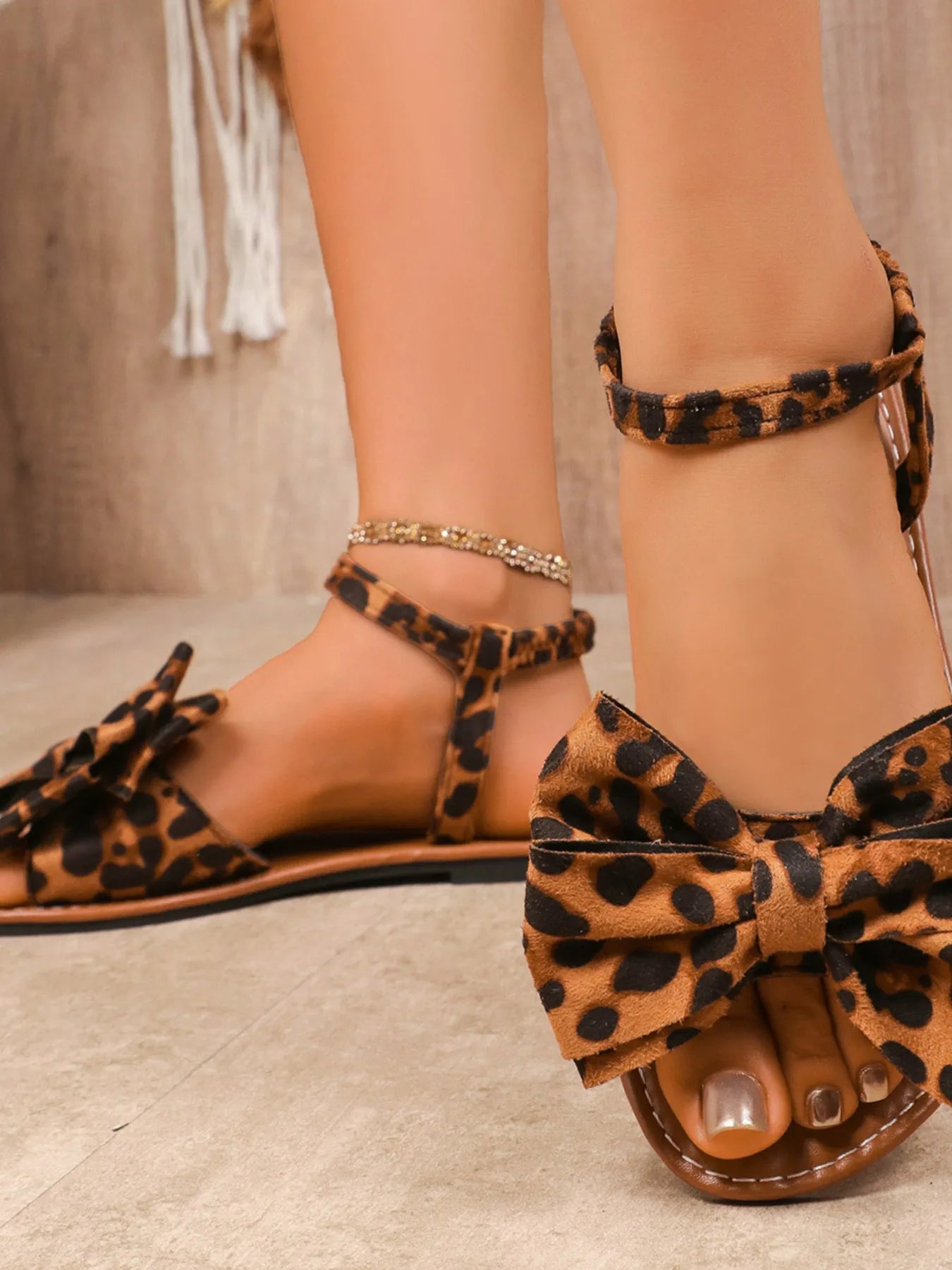 Leopard Print Bow Ankle Strap Flat Sandals