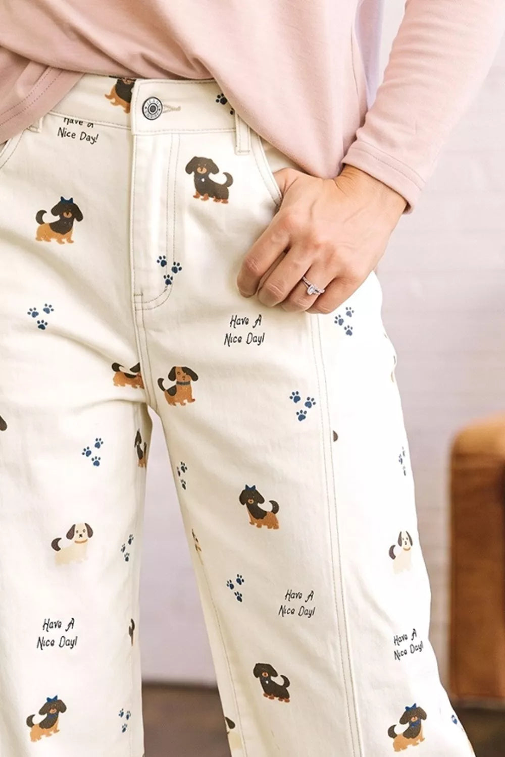 Abstract Dog Print Wide Leg Jeans