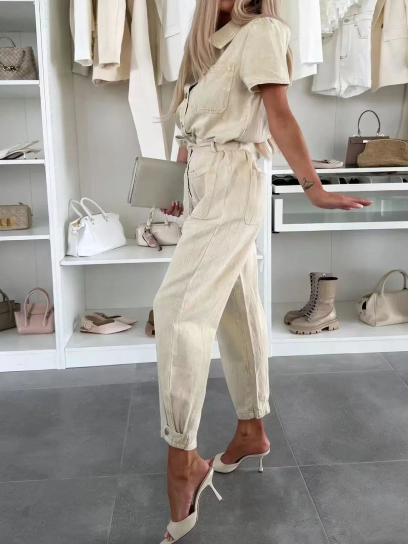 Vintage Wash Short Sleeve Denim Jumpsuit