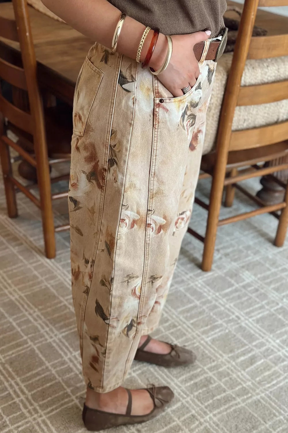 Retro Floral Print Relaxed Barrel Jeans