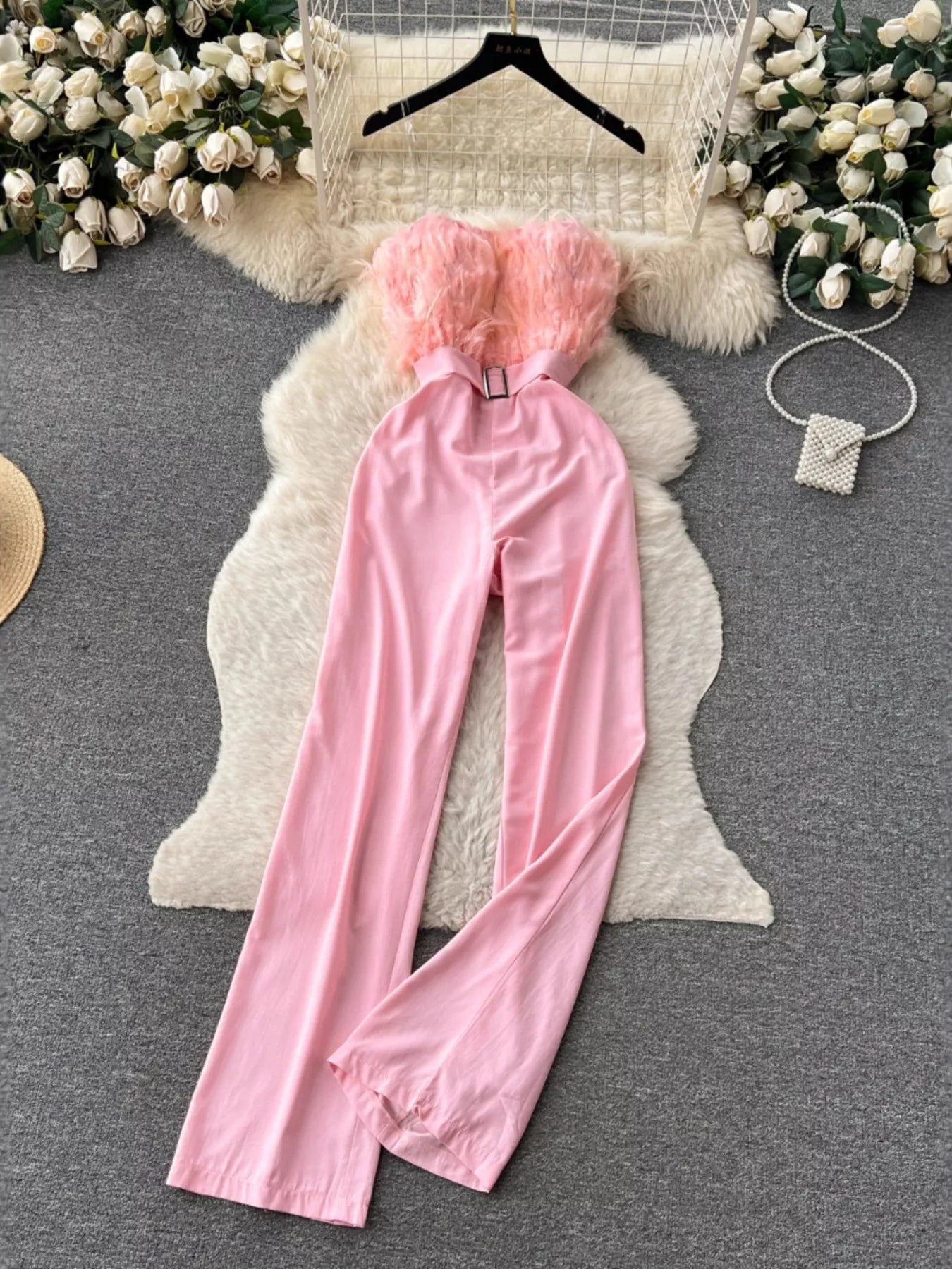 Feather Trim Strapless Wide Leg Jumpsuit