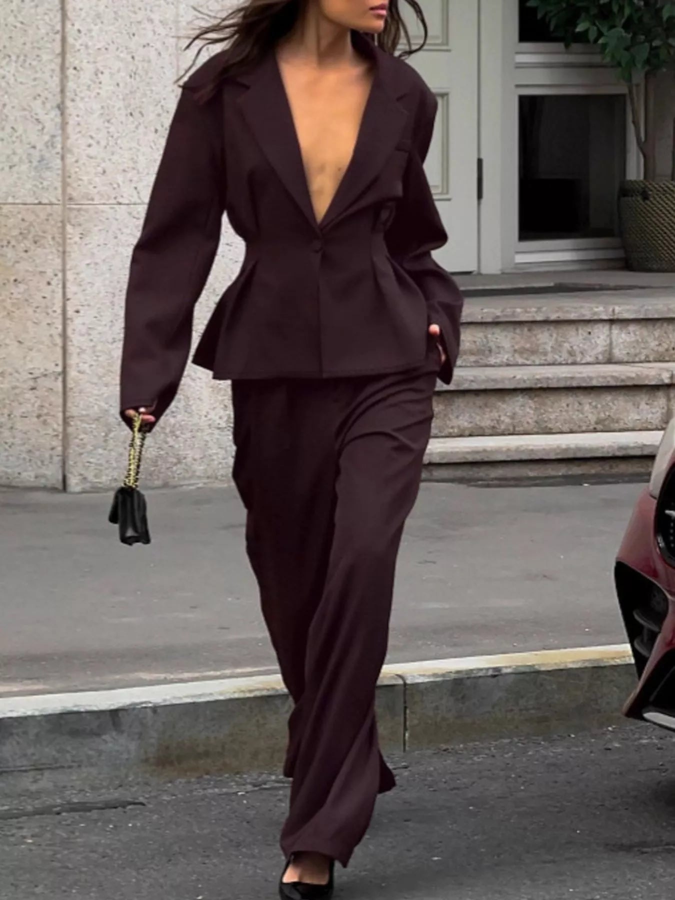 One-Button Blazer and Wide-Leg Pants Set