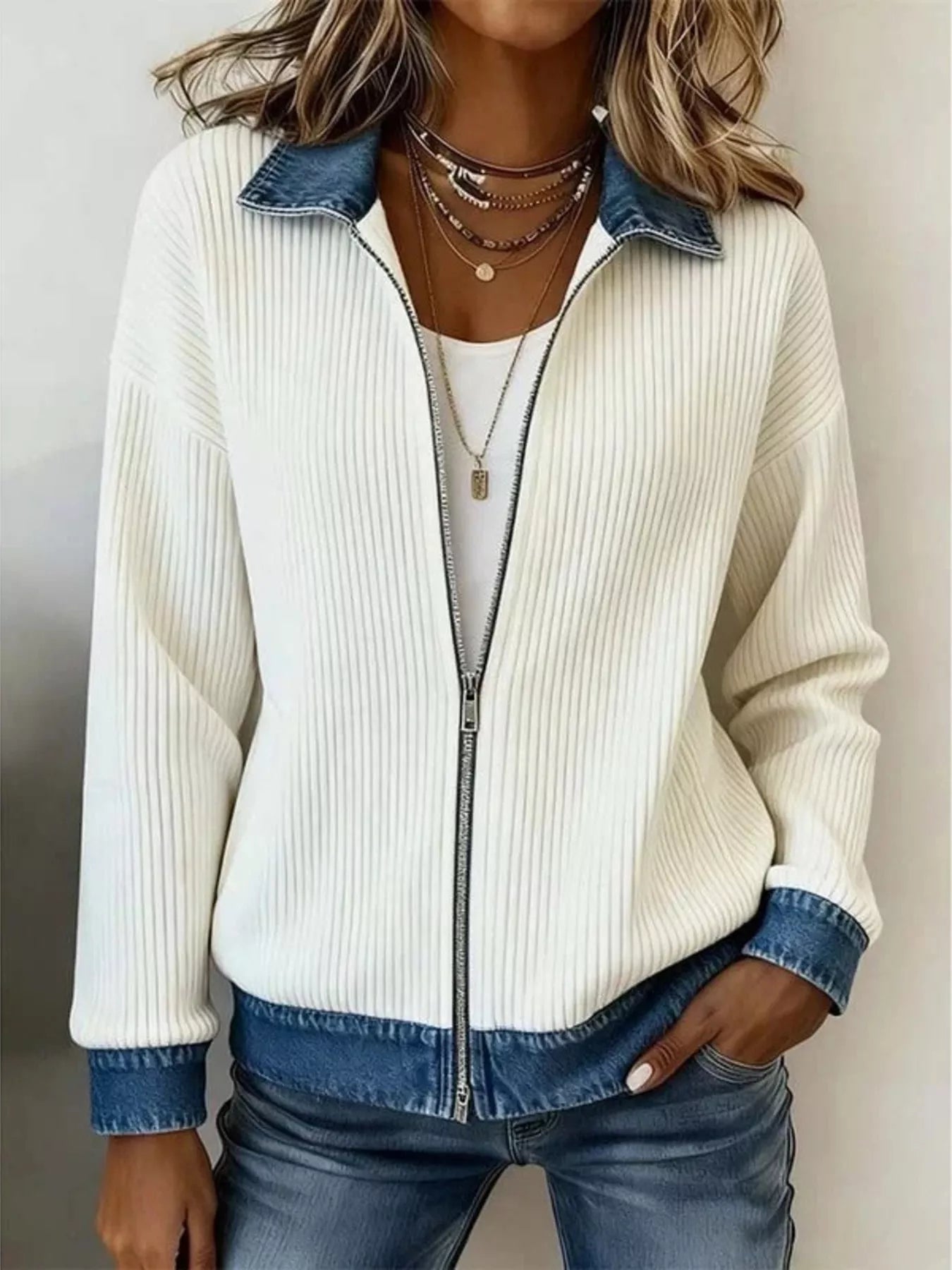 Contrast Denim Collar Ribbed Knit Jacket