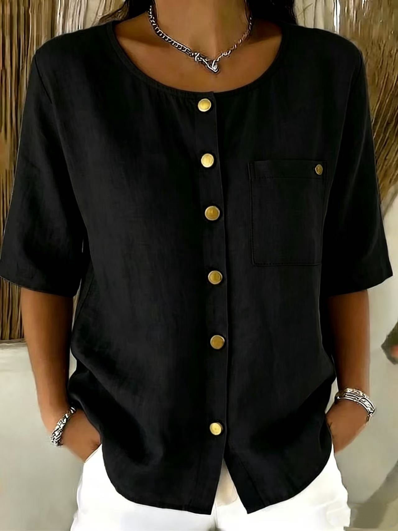Crew-Neck 3/4 Sleeve Shirt with Metal Buttons – 7 Colors, S–3XL