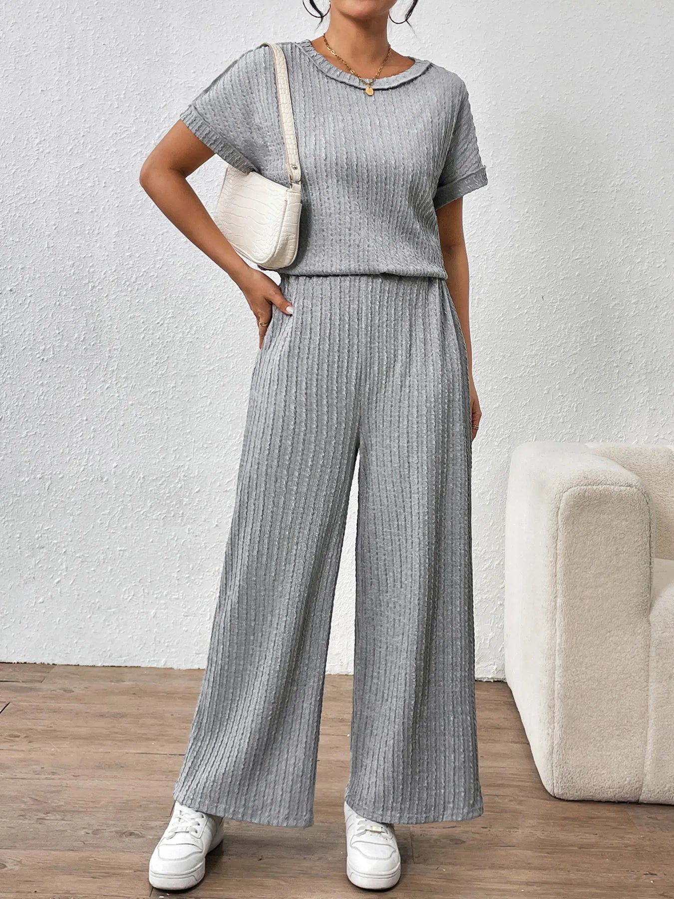 Round Neck Short Sleeve Top and Pants Set