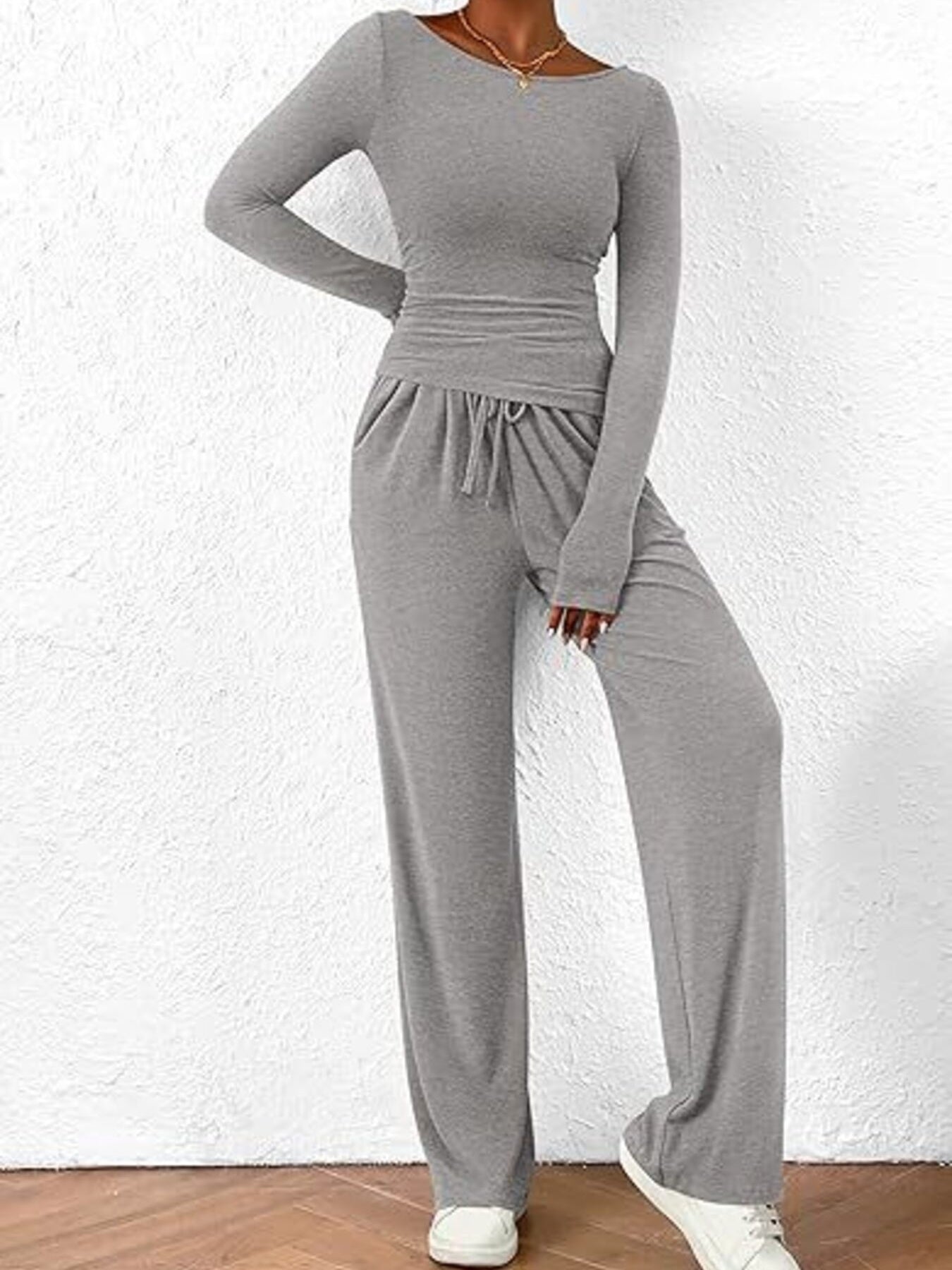 Round Neck Long Sleeve Top and Pants Set