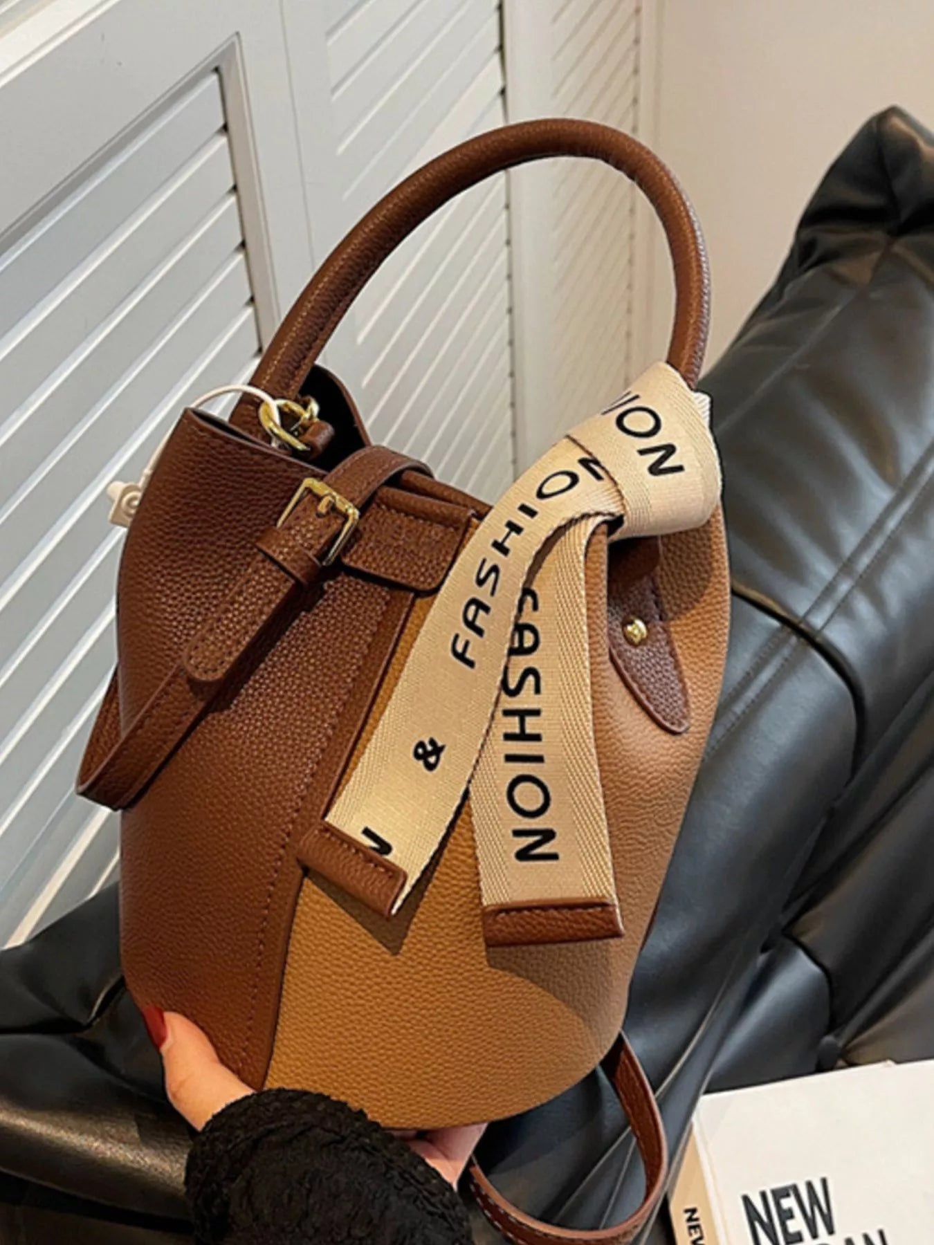 PU Leather Two-Tone Bucket Handbag