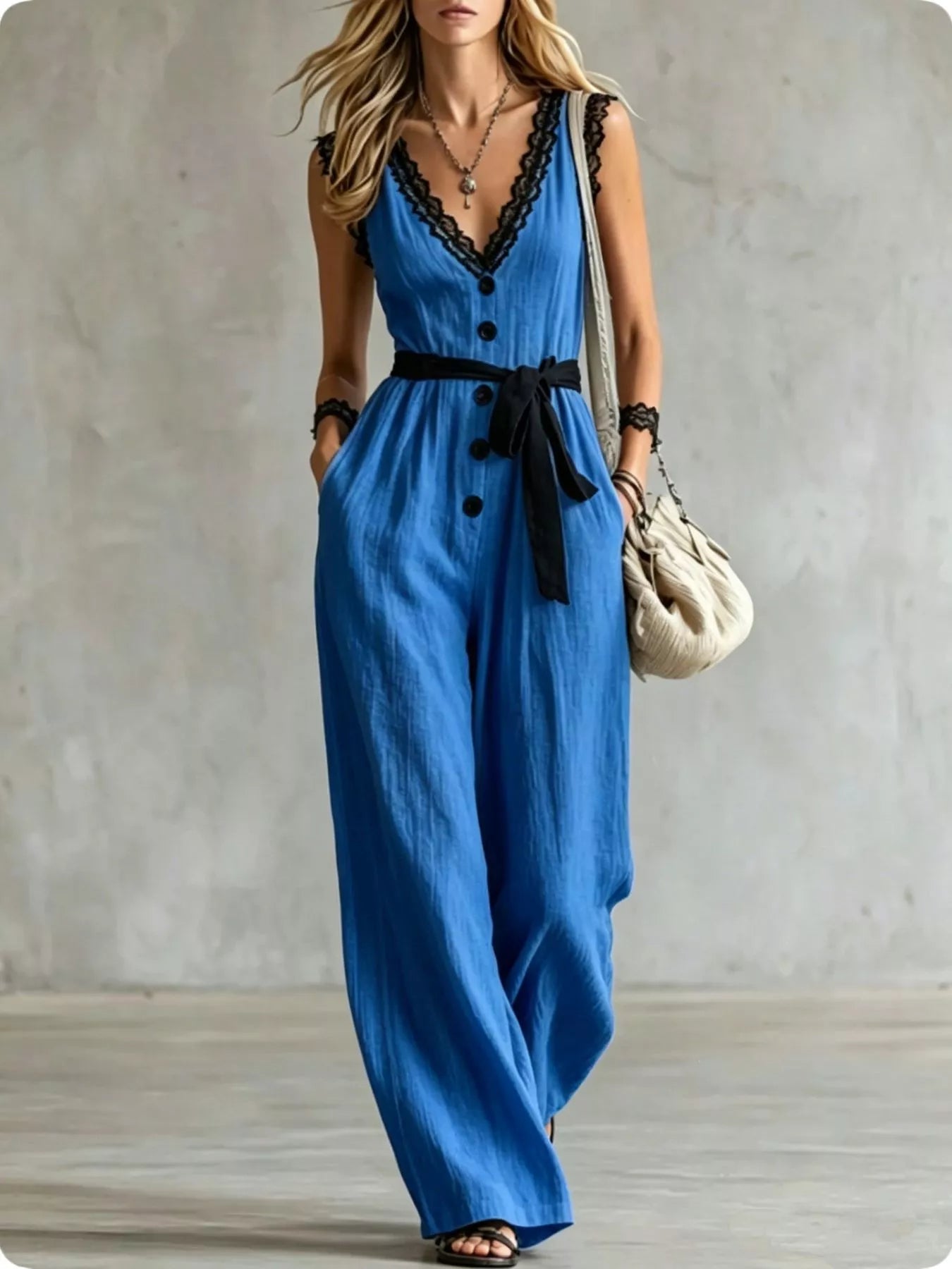 Lace Detail V-Neck Sleeveless Jumpsuit