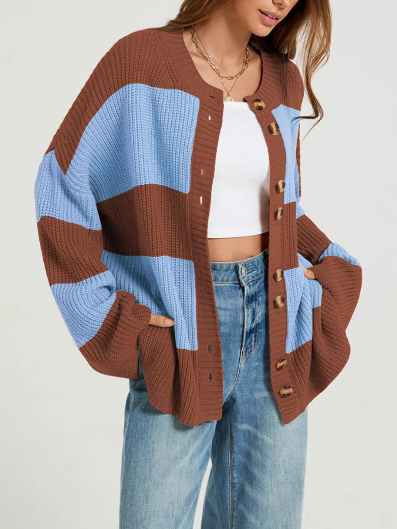 Color Block Striped Button-Up Cardigan