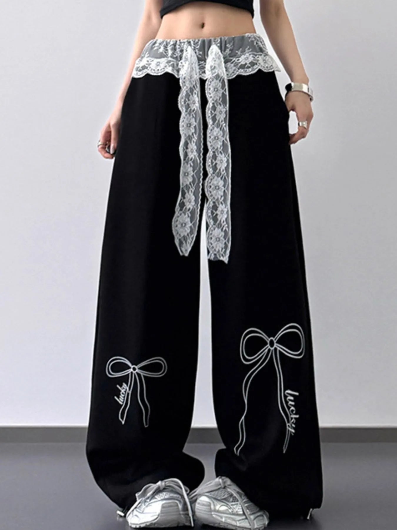 Wide Leg Pants with Lace Belt Detail