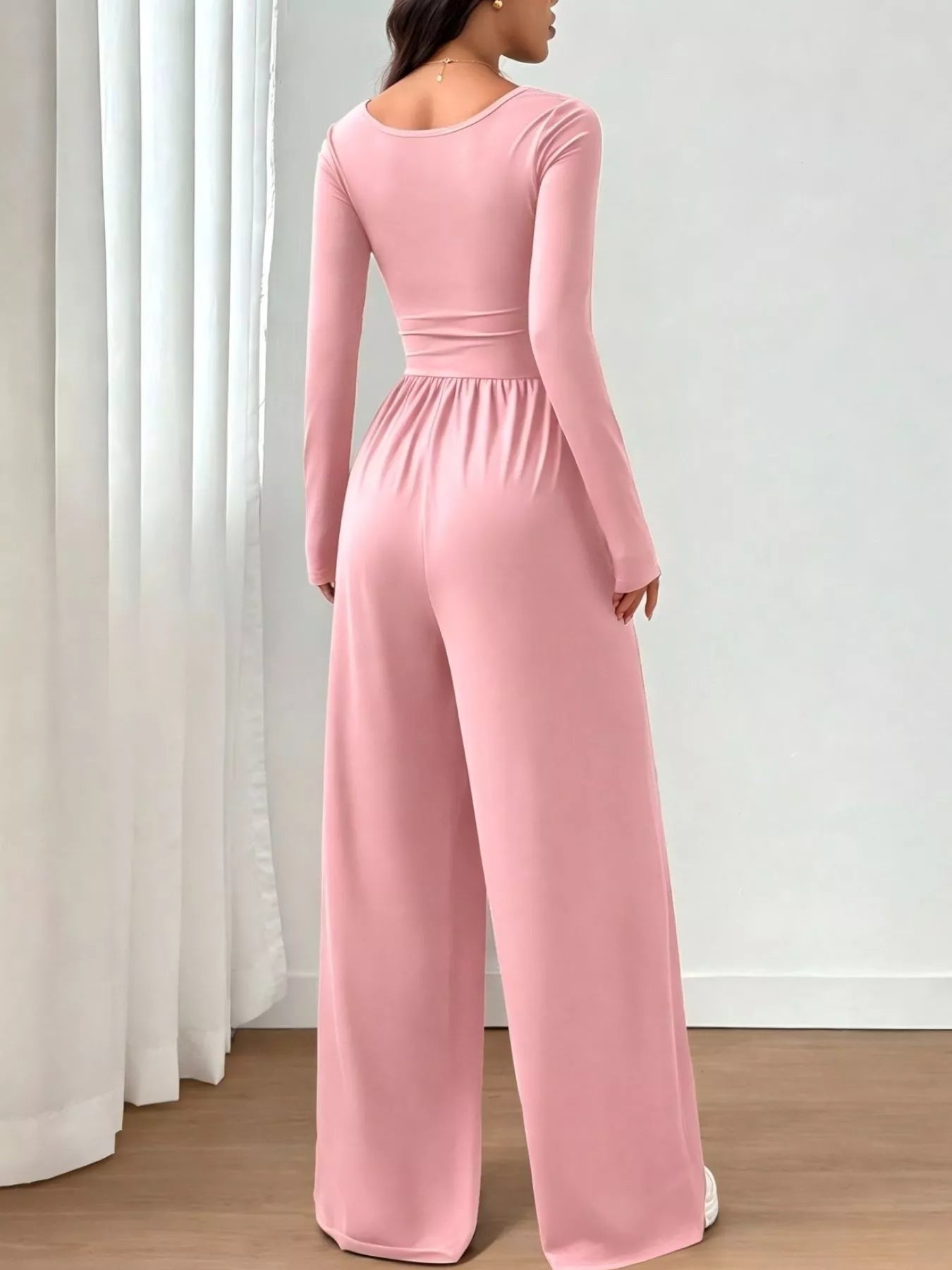 Ruched Square Neck Wide-Leg Jumpsuit
