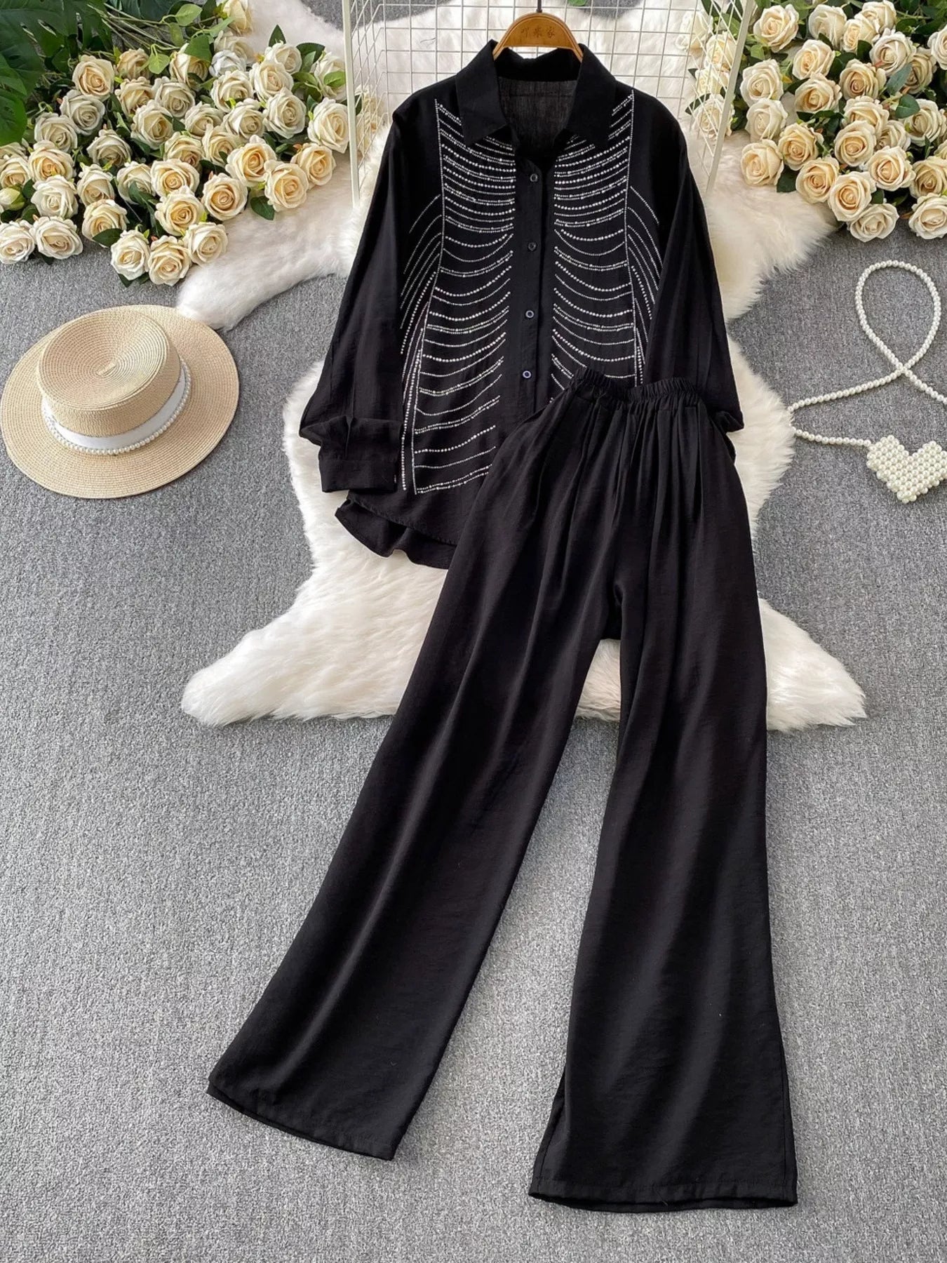 Rhinestone Button Up Shirt and Pants Set