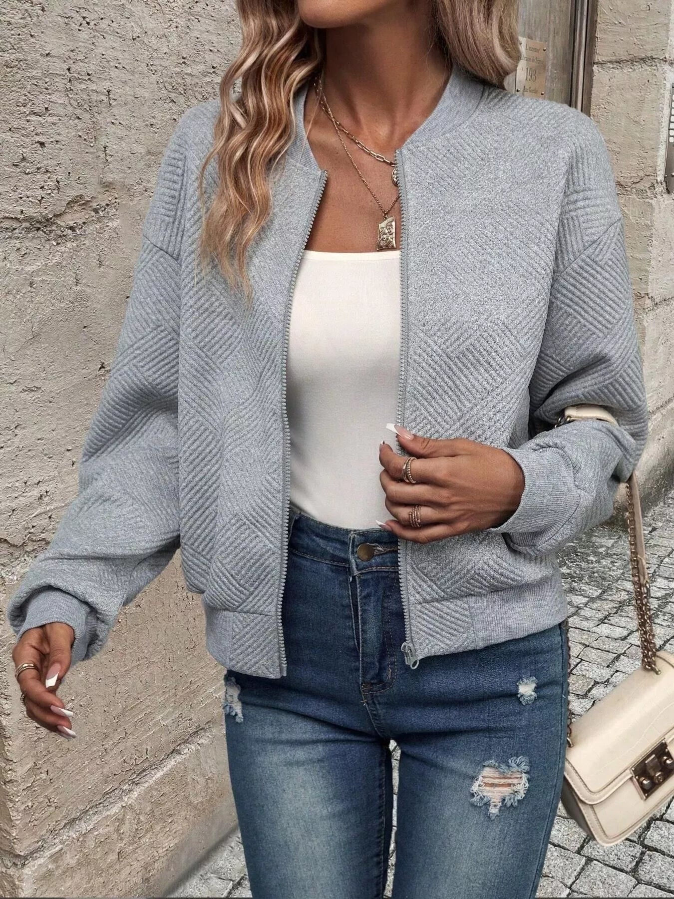 Zip-Up Textured Long Sleeve Jacket