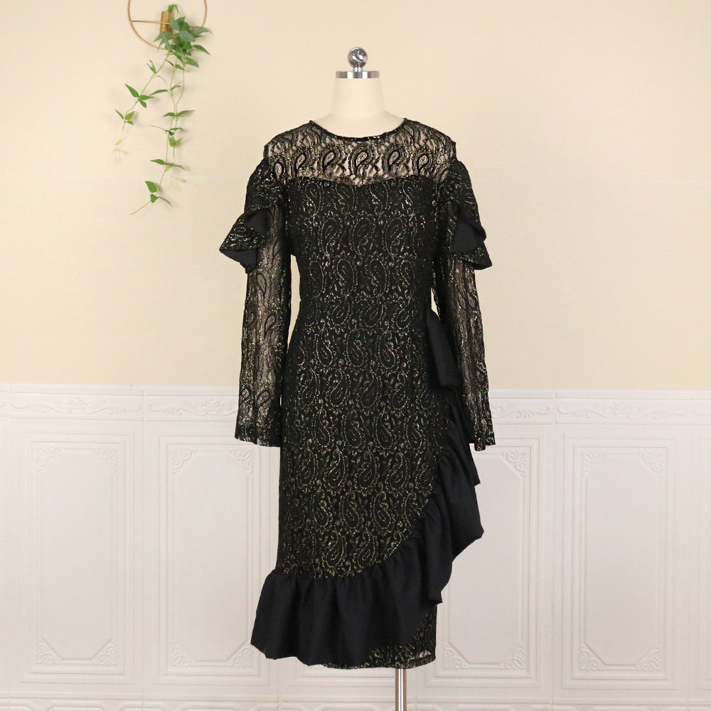 Black Solid Lace Pullover Irregular Large Size Long Sleeve Dress