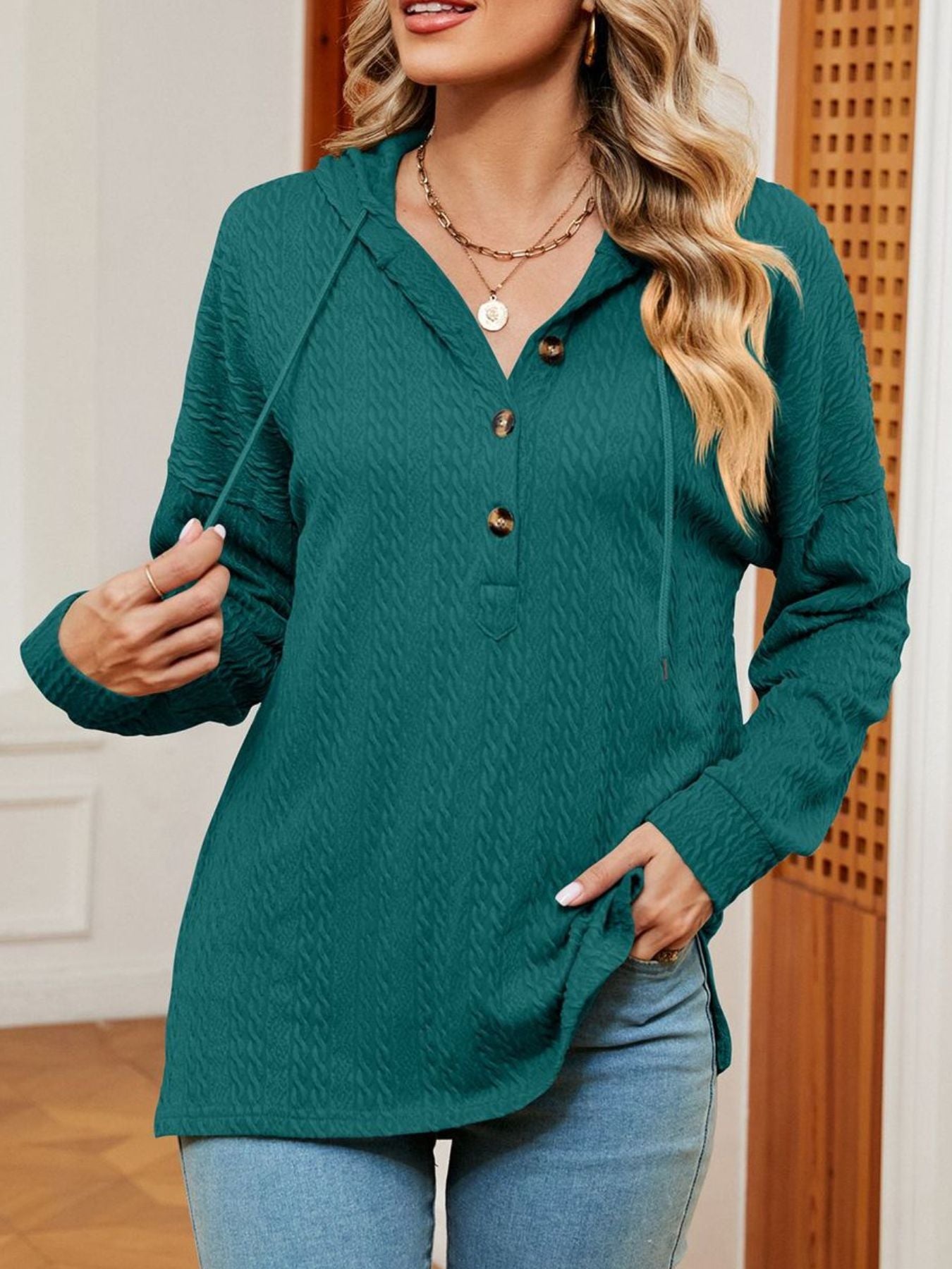Textured Knit Button Detail Hoodie