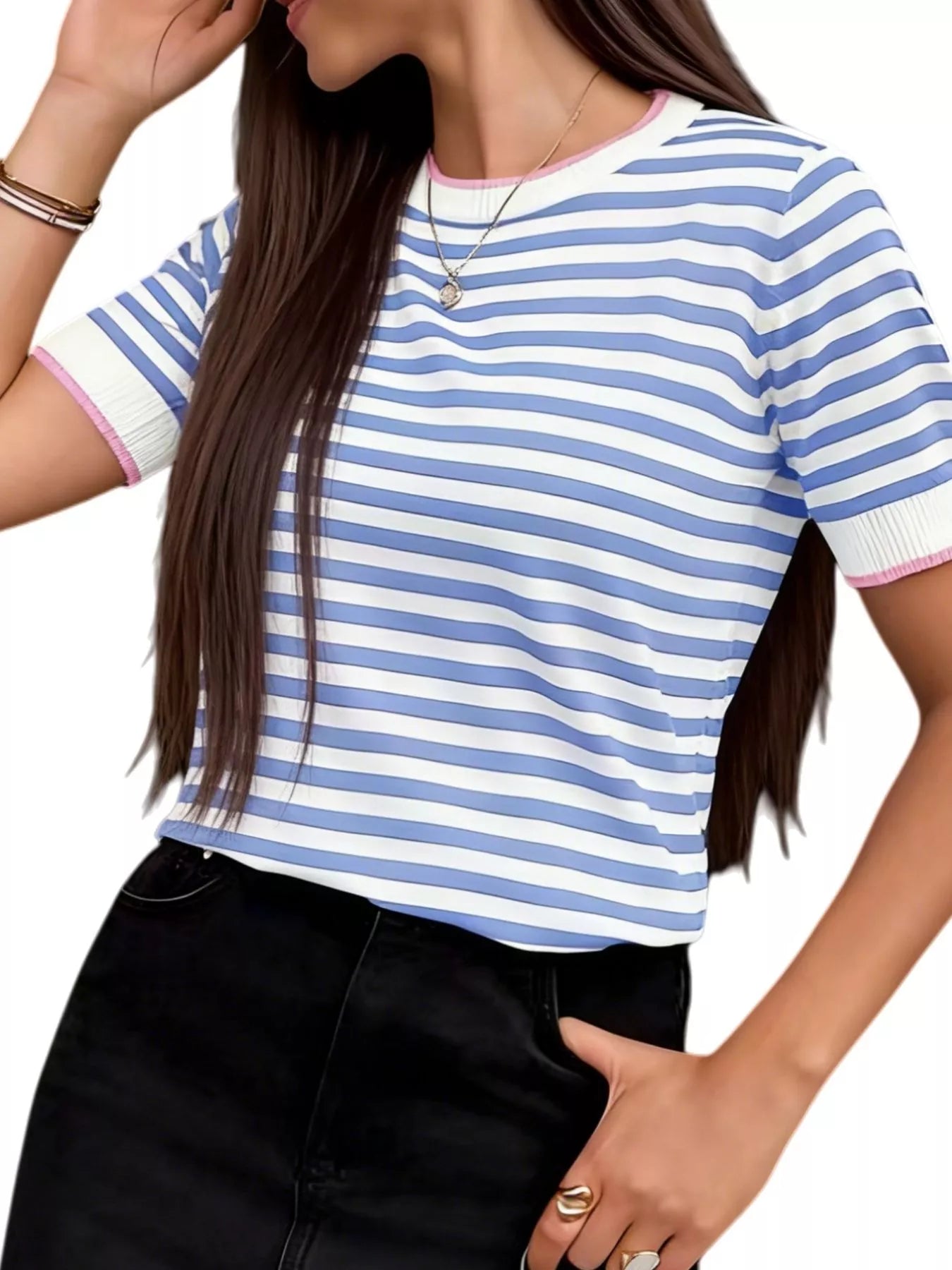 Contrast Trim Striped Short Sleeve Knit Top