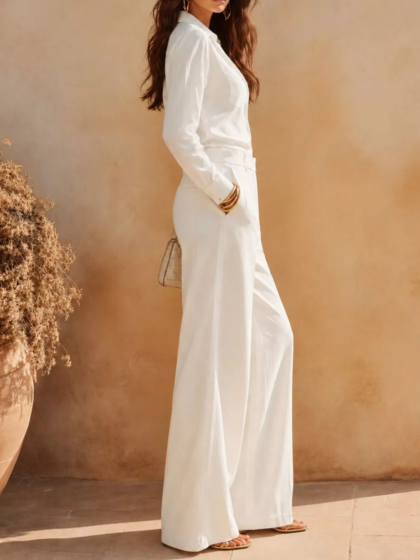 Long Sleeve Shirt and Wide-Leg Pants Set