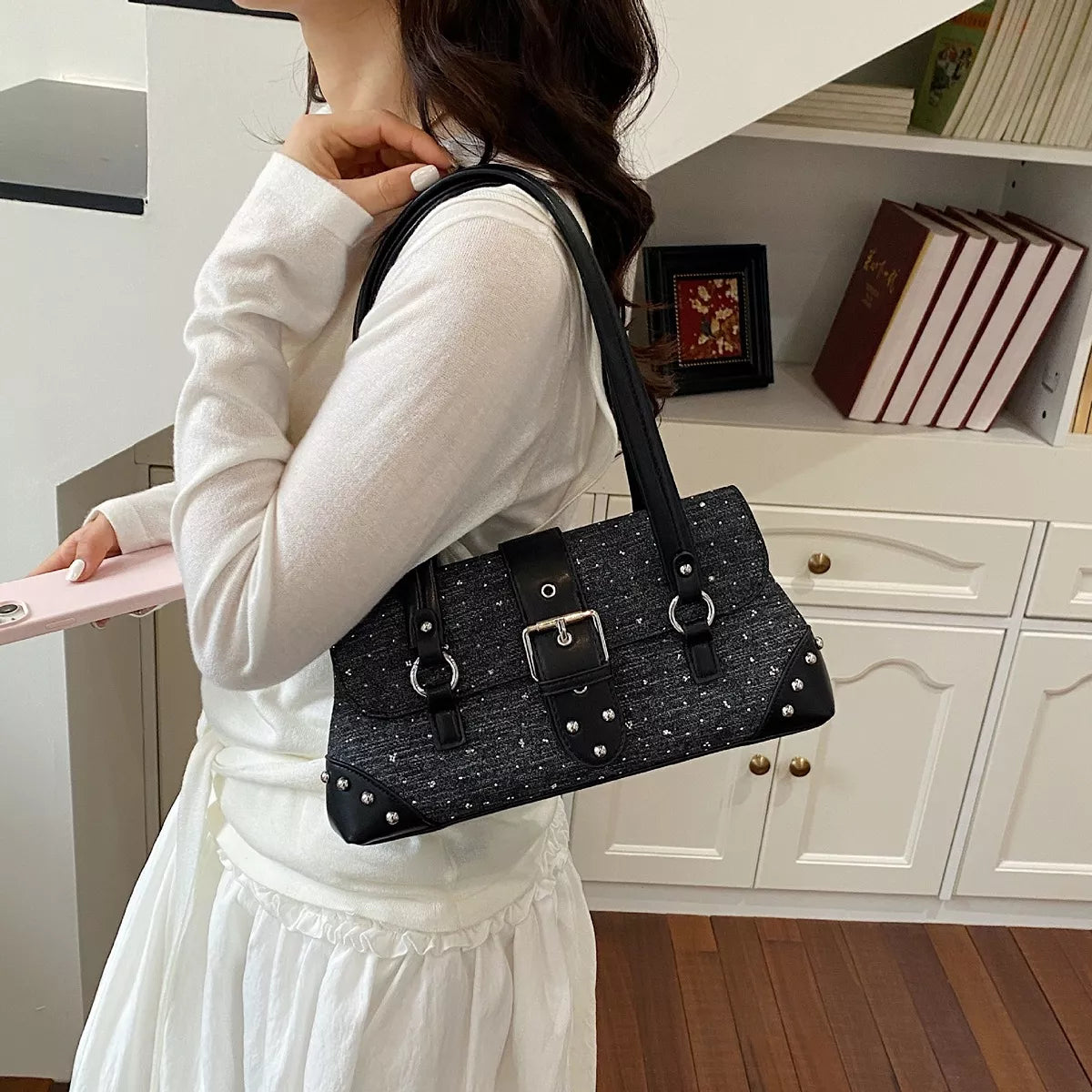 Studded Shoulder Bag with Buckle Detail