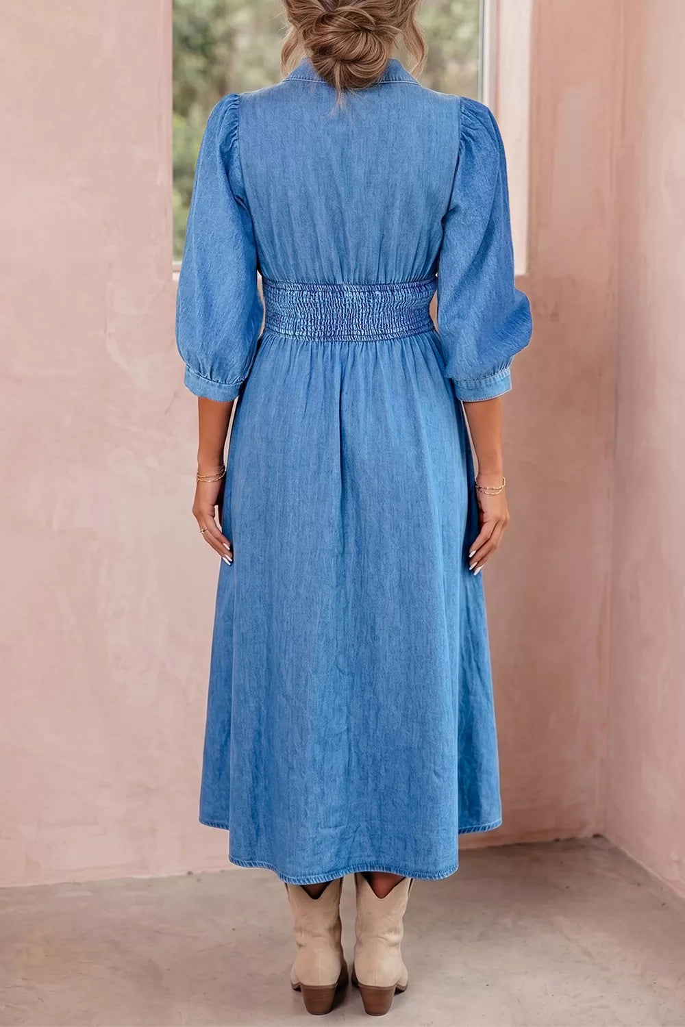 V Neck Shirred Waist Metal Zipper Denim Midi Dress