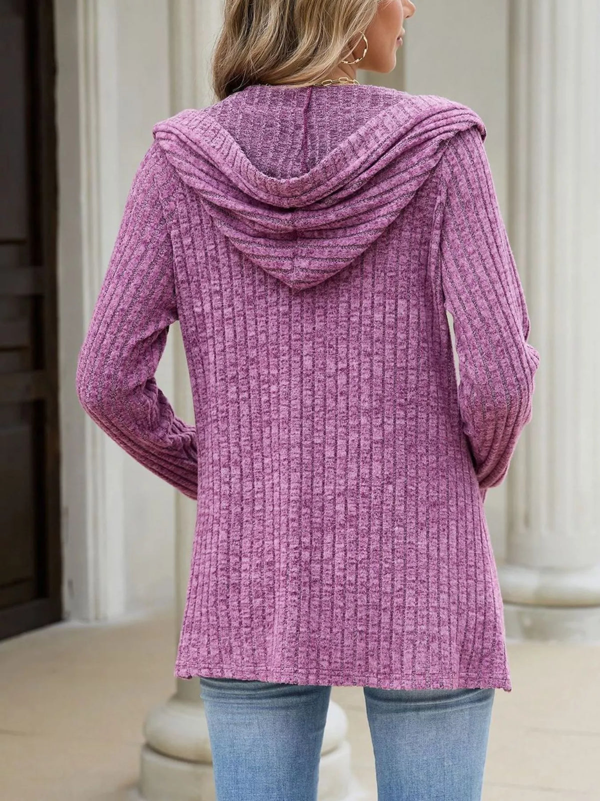 Ribbed Knit Hooded Button-Down Cardigan