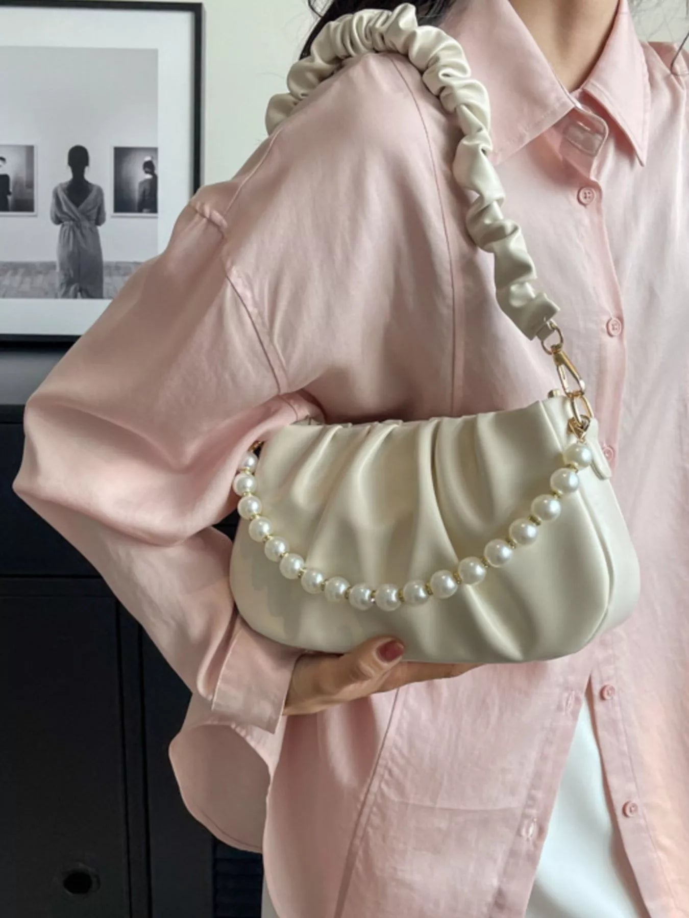 Ruched Shoulder Bag with Pearl Embellishment