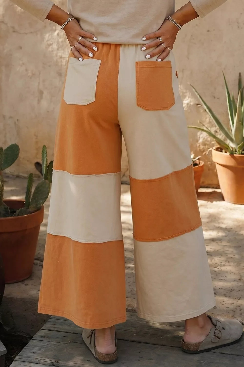 Raw Seam Colorblock Wide Leg Ankle Length Casual Pants