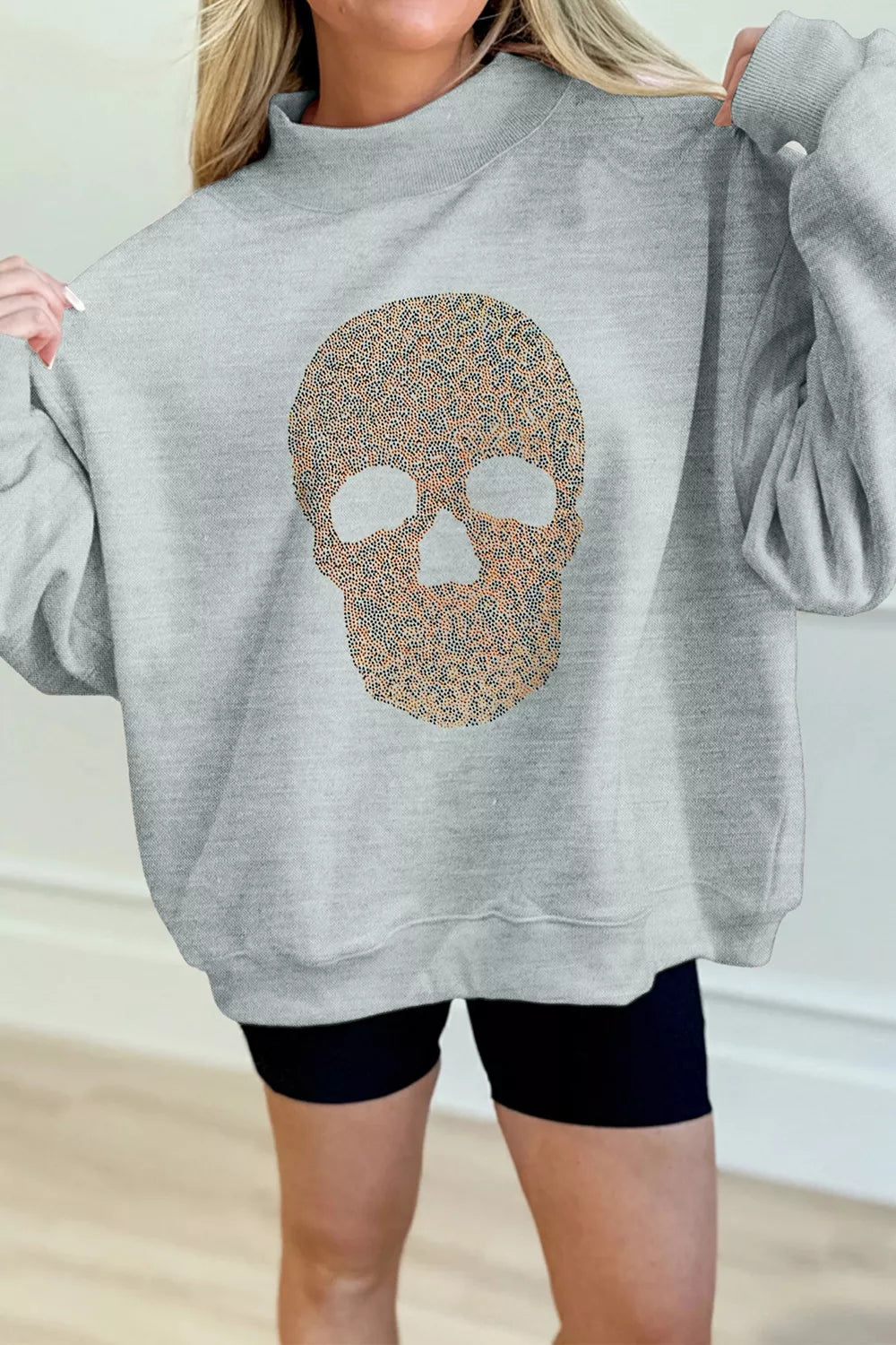 Halloween Rhinestone Skull Graphic Mock Neck Baggy Pullover Sweatshirt