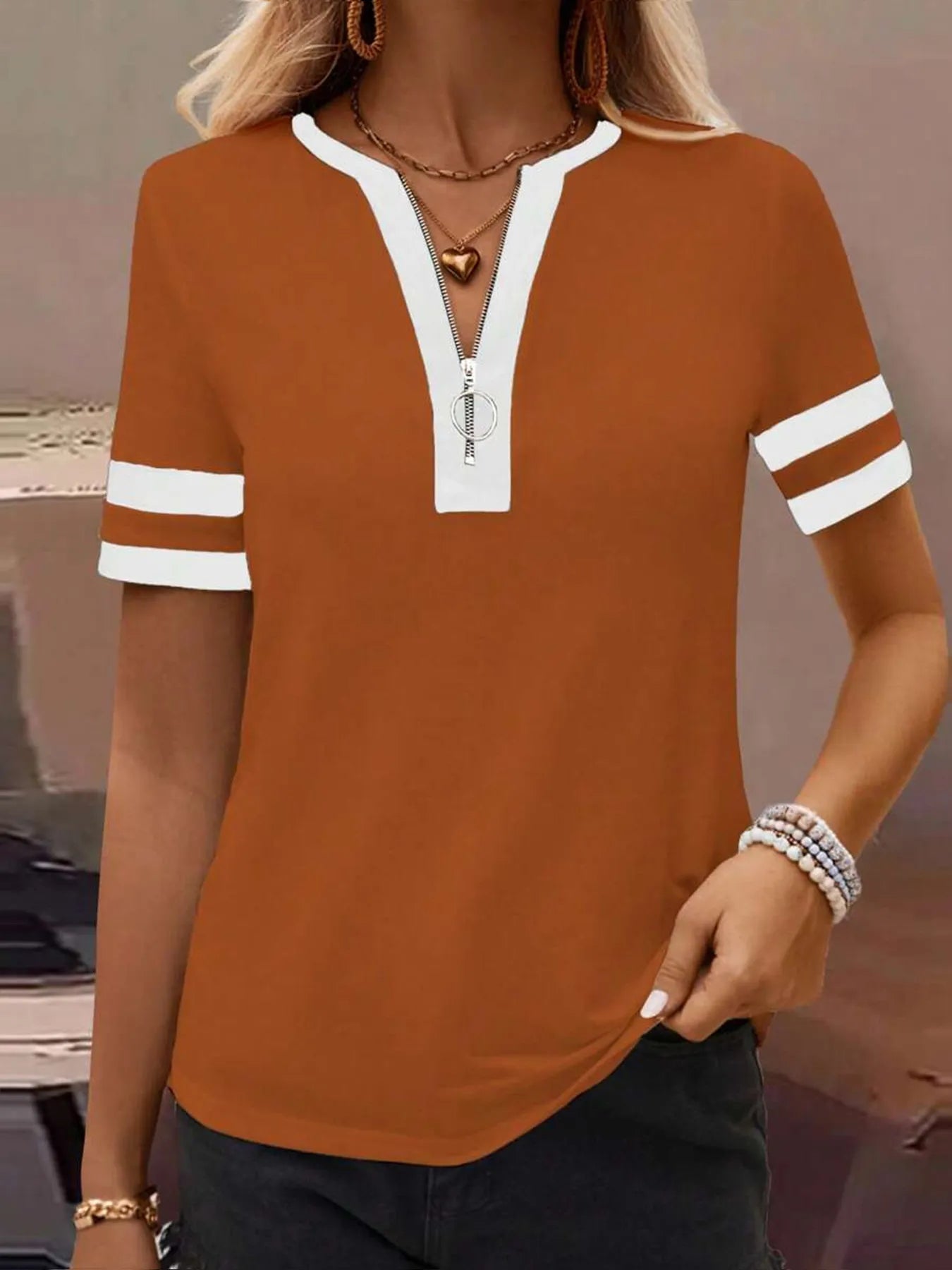 Striped Short Sleeve Half Zip Top