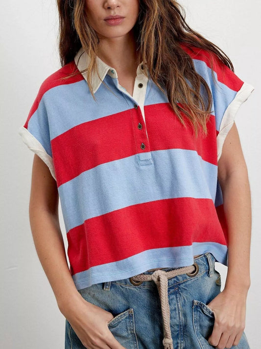 Half Button Striped Short Sleeve Cropped Polo Shirt