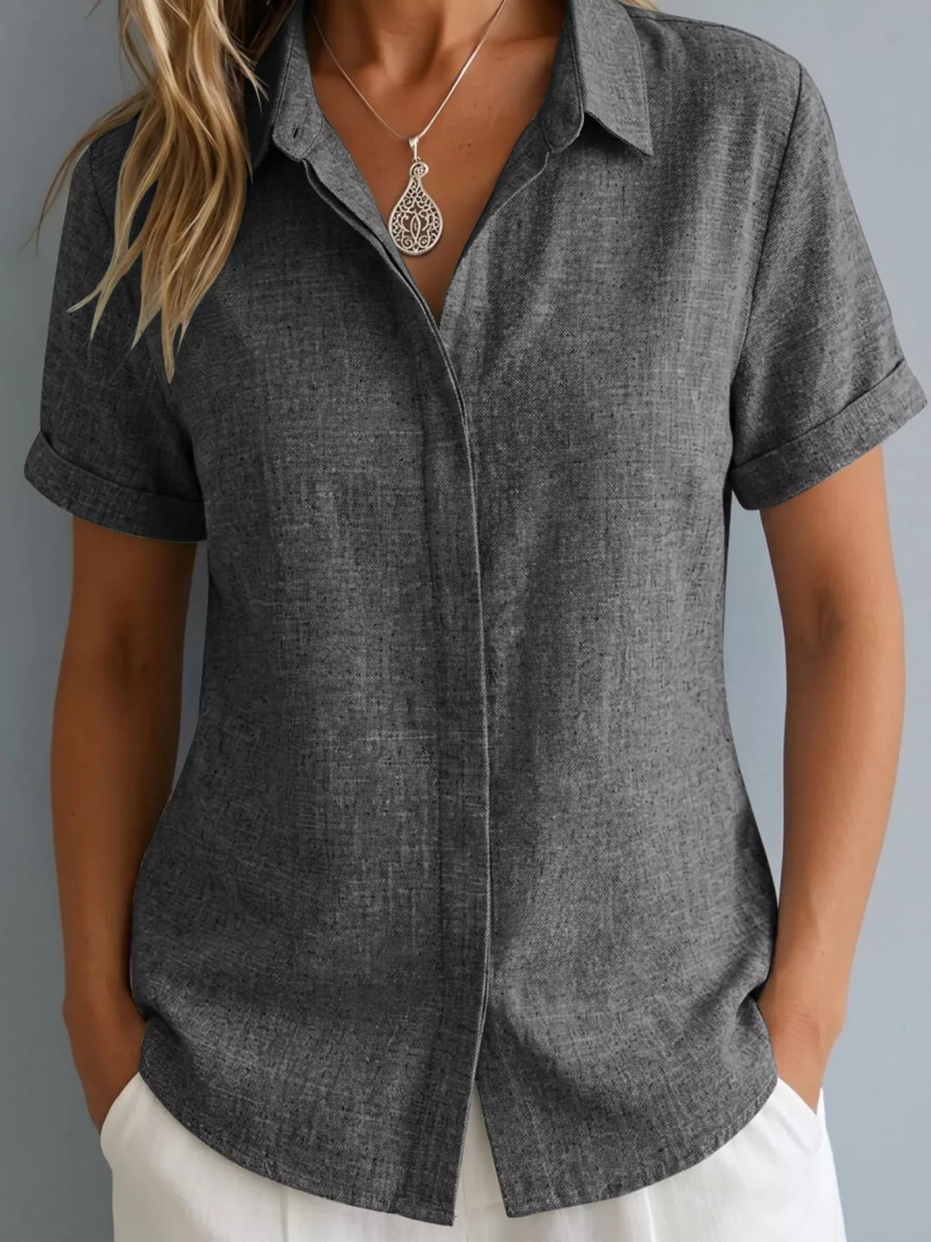 Full Size Collared Neck Short Sleeve Shirt Plus Size