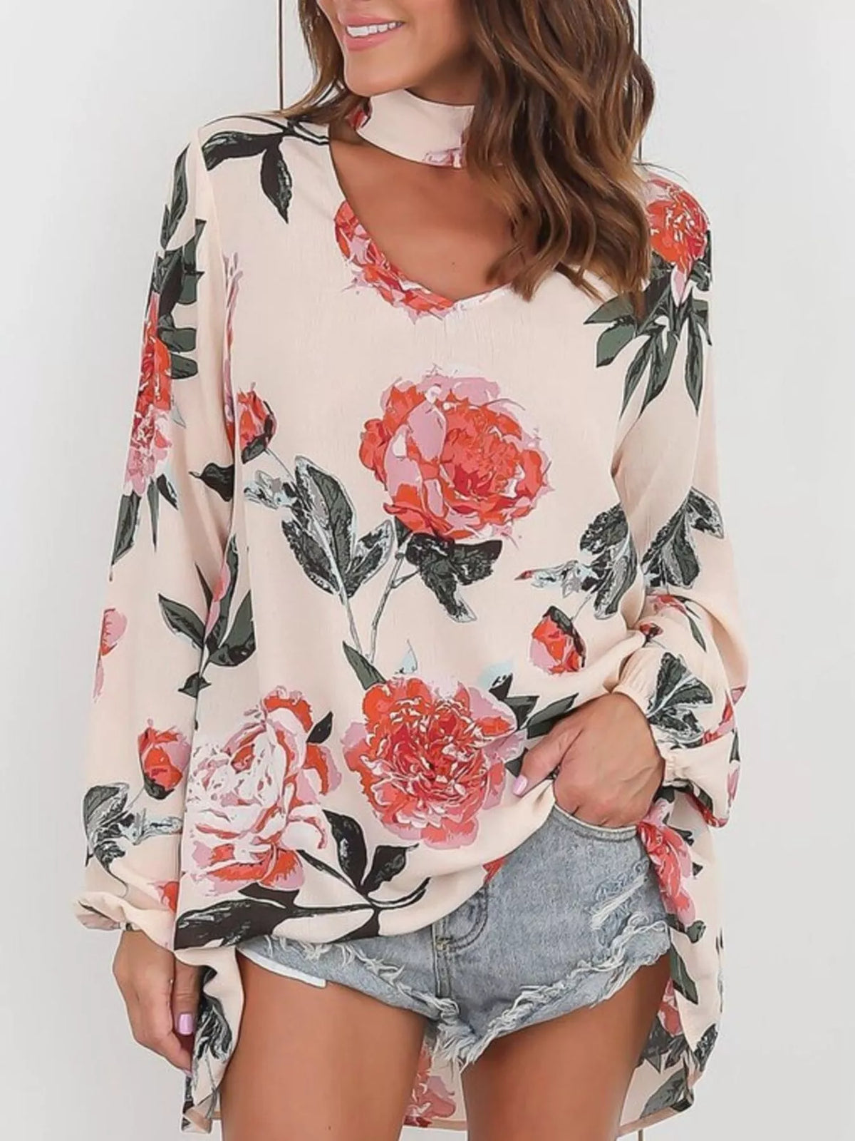 Full Size Floral Print Choker Neck Long Sleeve Blouse Plus Size