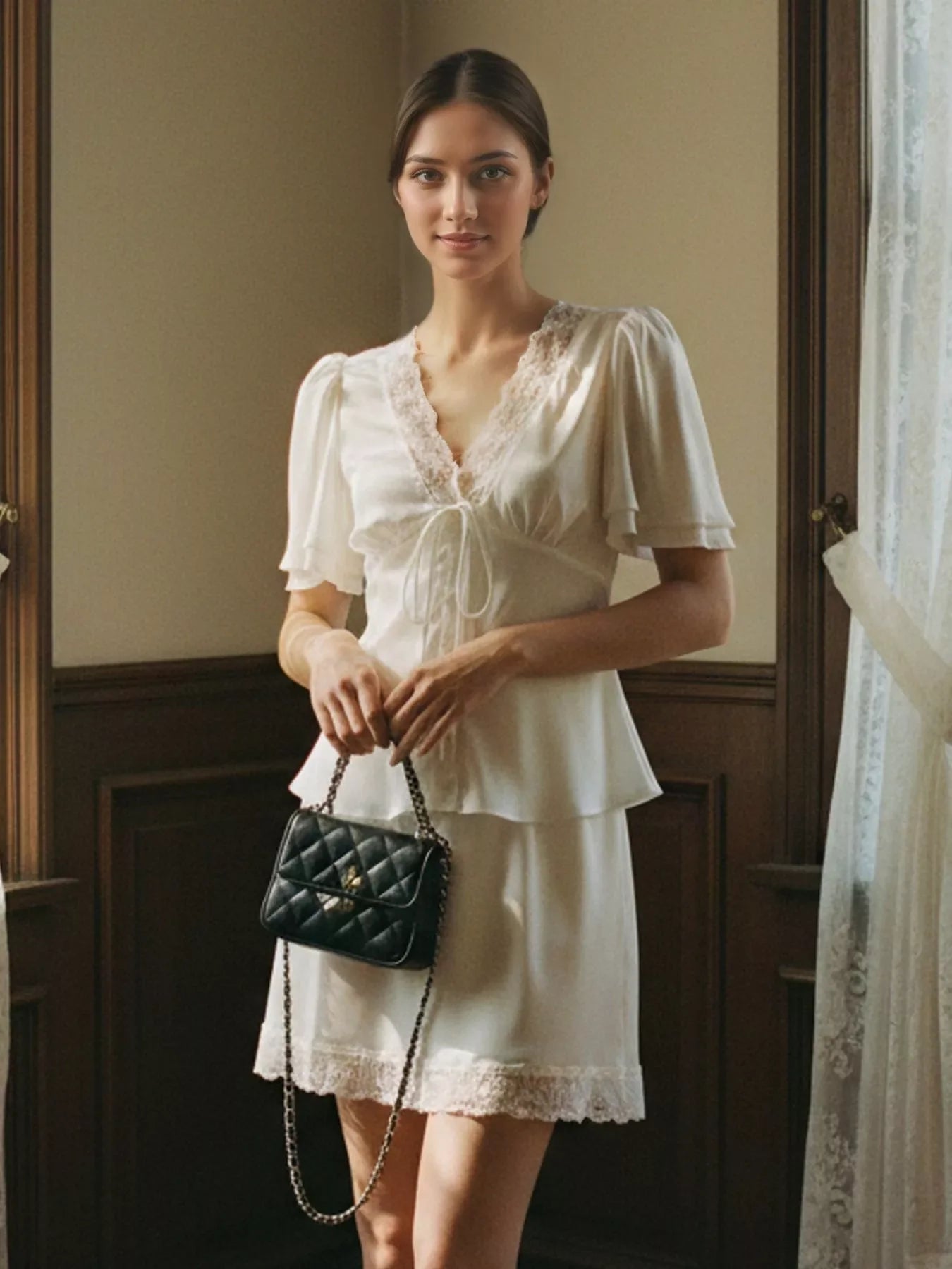 Lace Detail Short Sleeve Top and Skirt Set