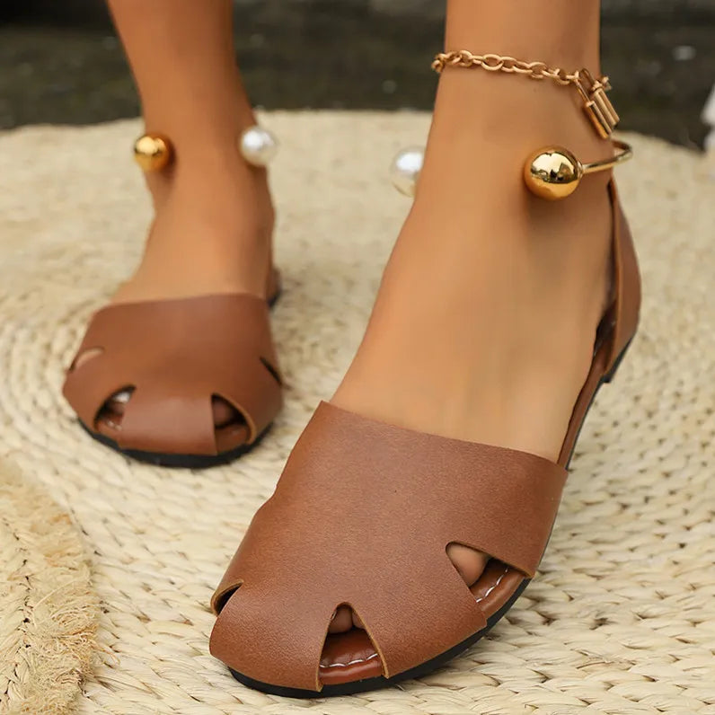 Cutout Leather Flat Sandals