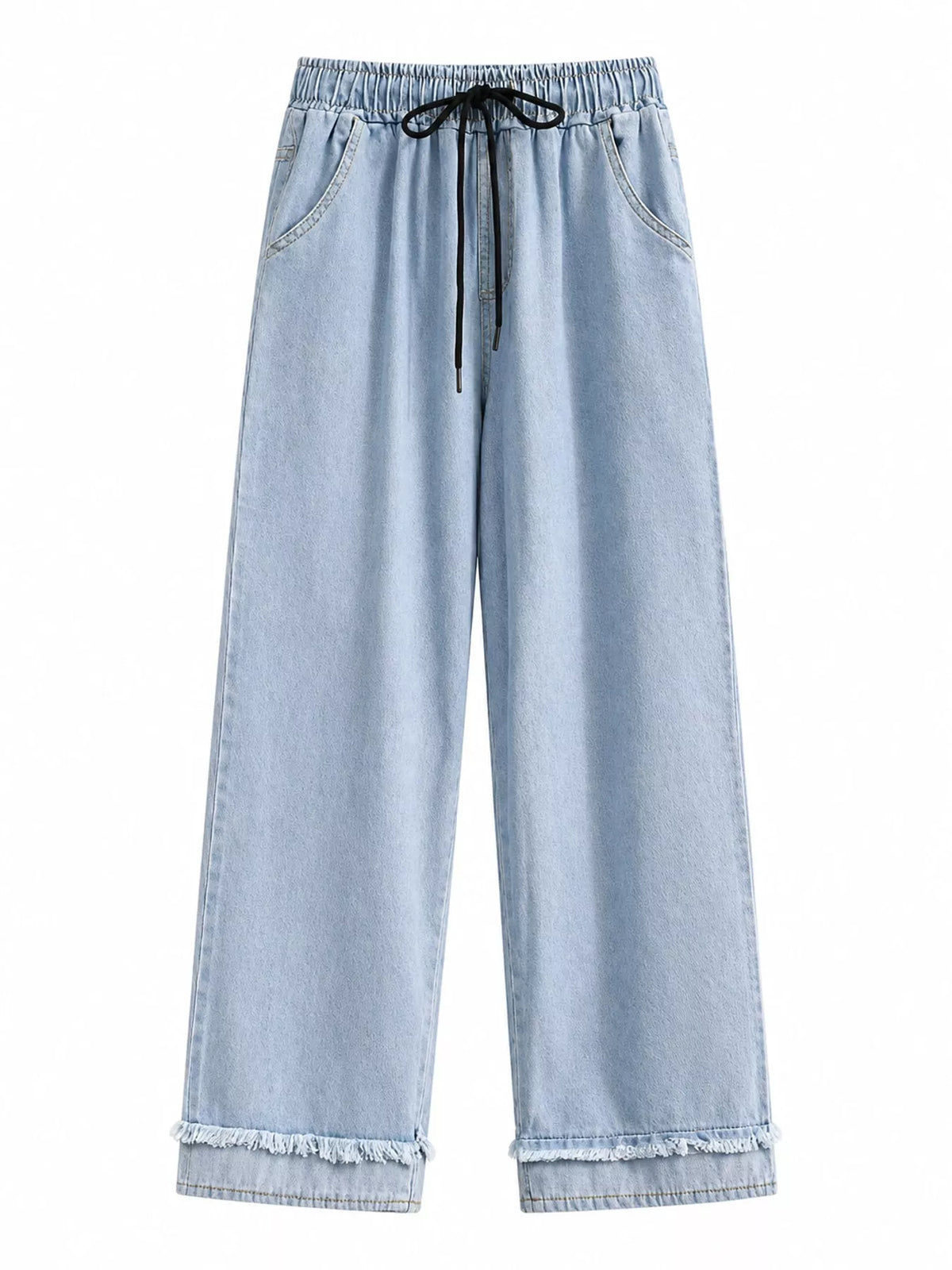 Full Size High-Waisted Elastic Drawstring Wide-Leg Jeans with Frayed Hem Plus Size