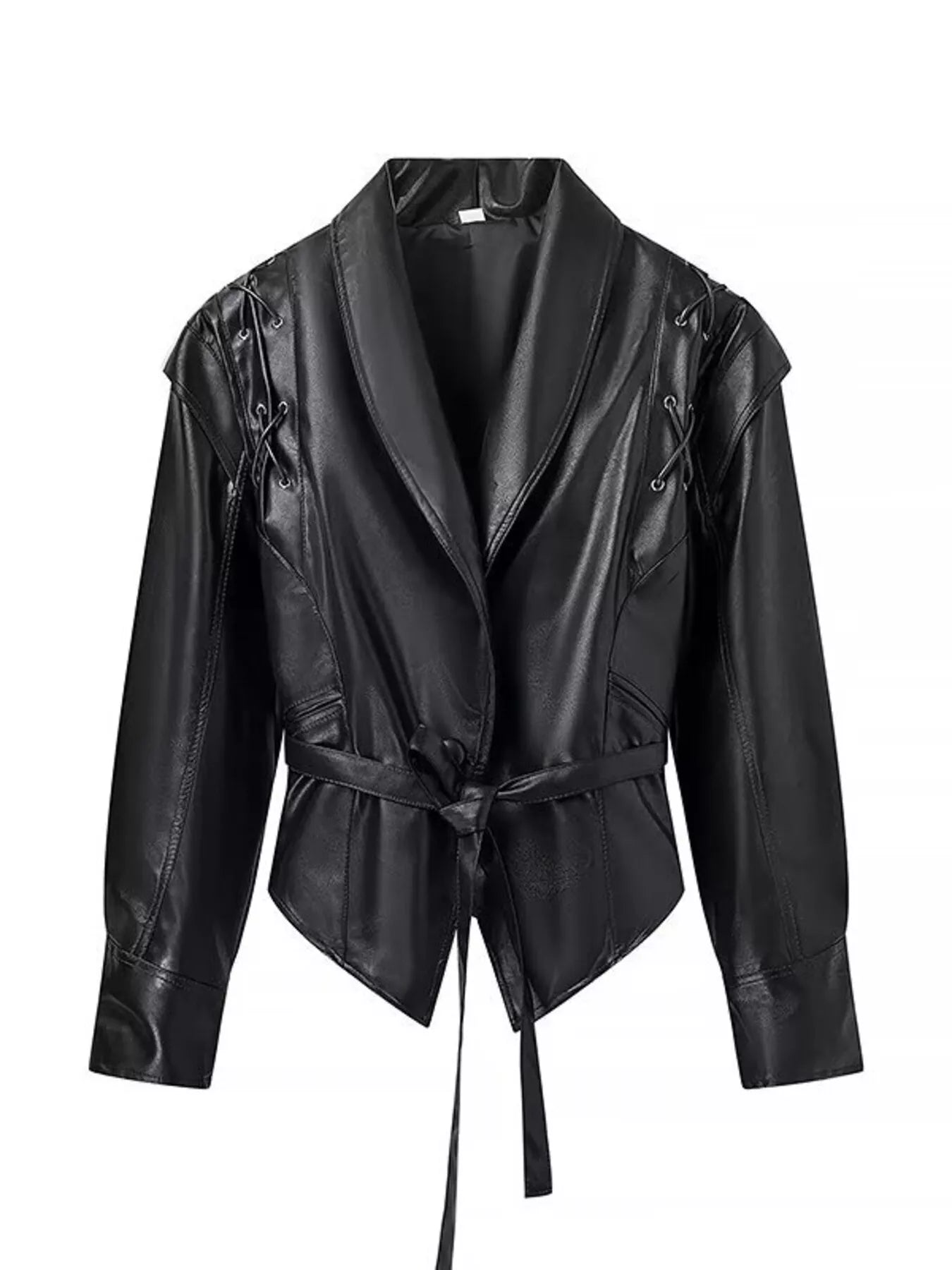 Belted Leather Jacket with Shawl Collar
