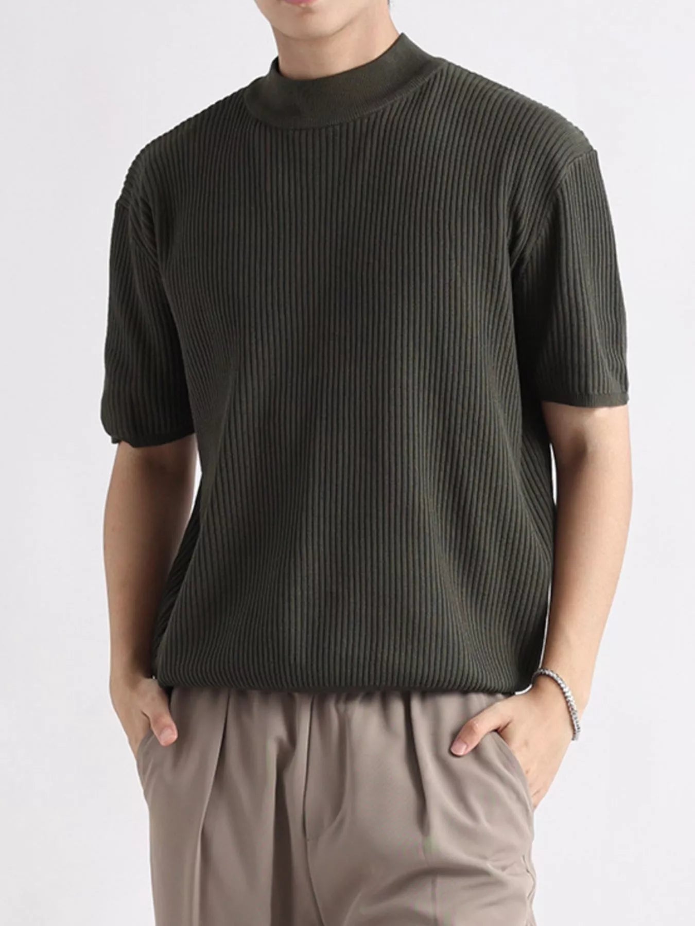 Men's Plus Size Ribbed Knit Mock Neck Short Sleeve T-Shirt