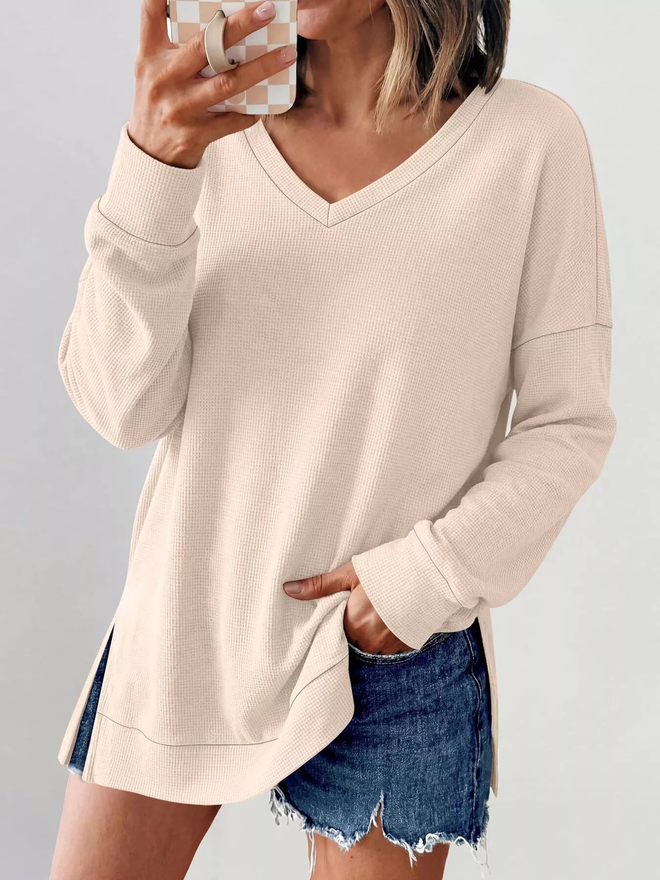Side Slit Waffle Knit V-Neck T-Shirt