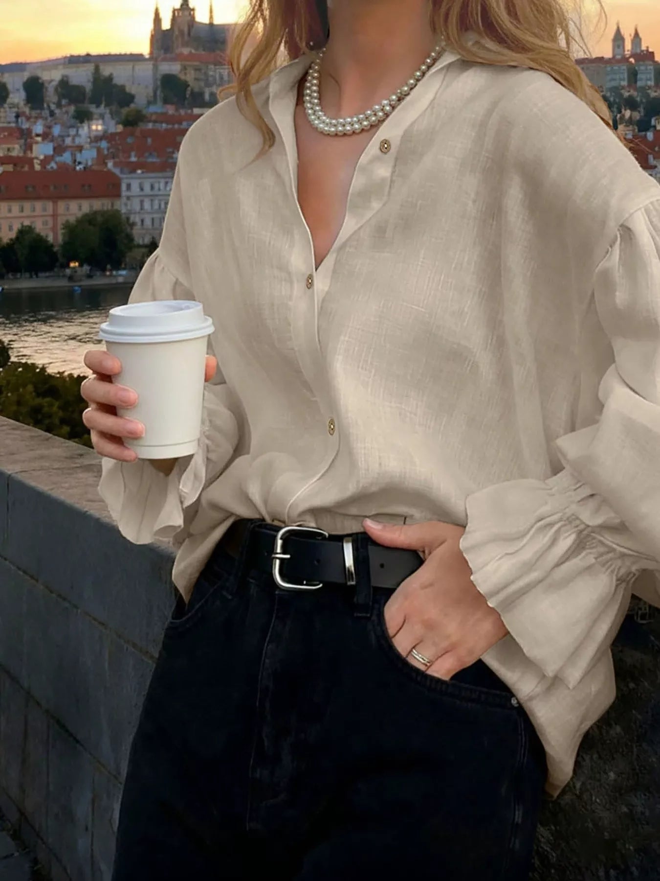 Button Up Flounce Sleeve Shirt