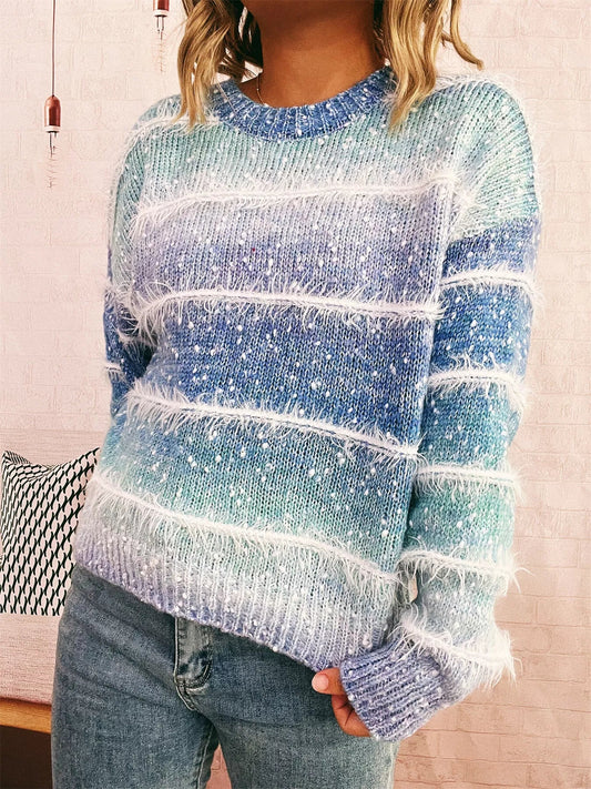 Gradient Striped Round Neck Sweater