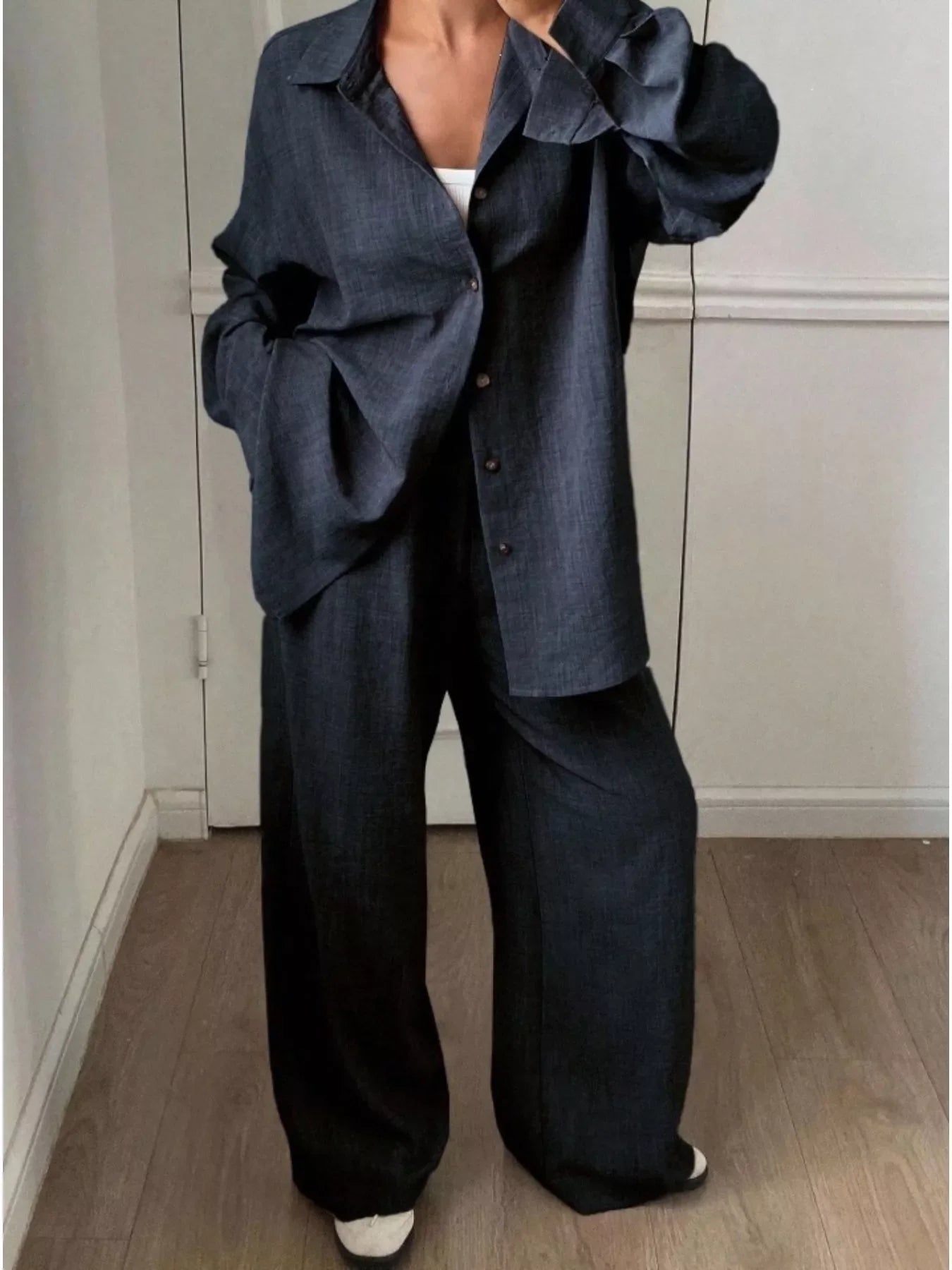 Button-Down Shirt and Wide-Leg Pants Set