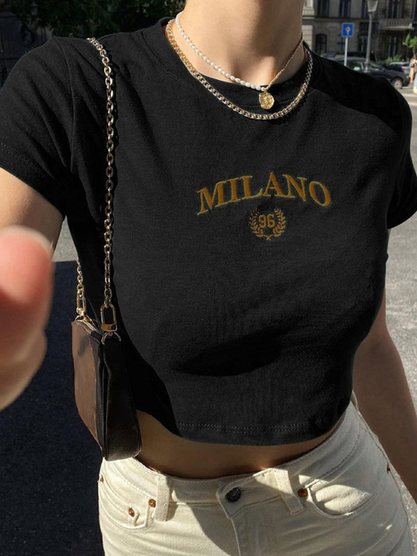 Letter Embroidered Cropped T-Shirt