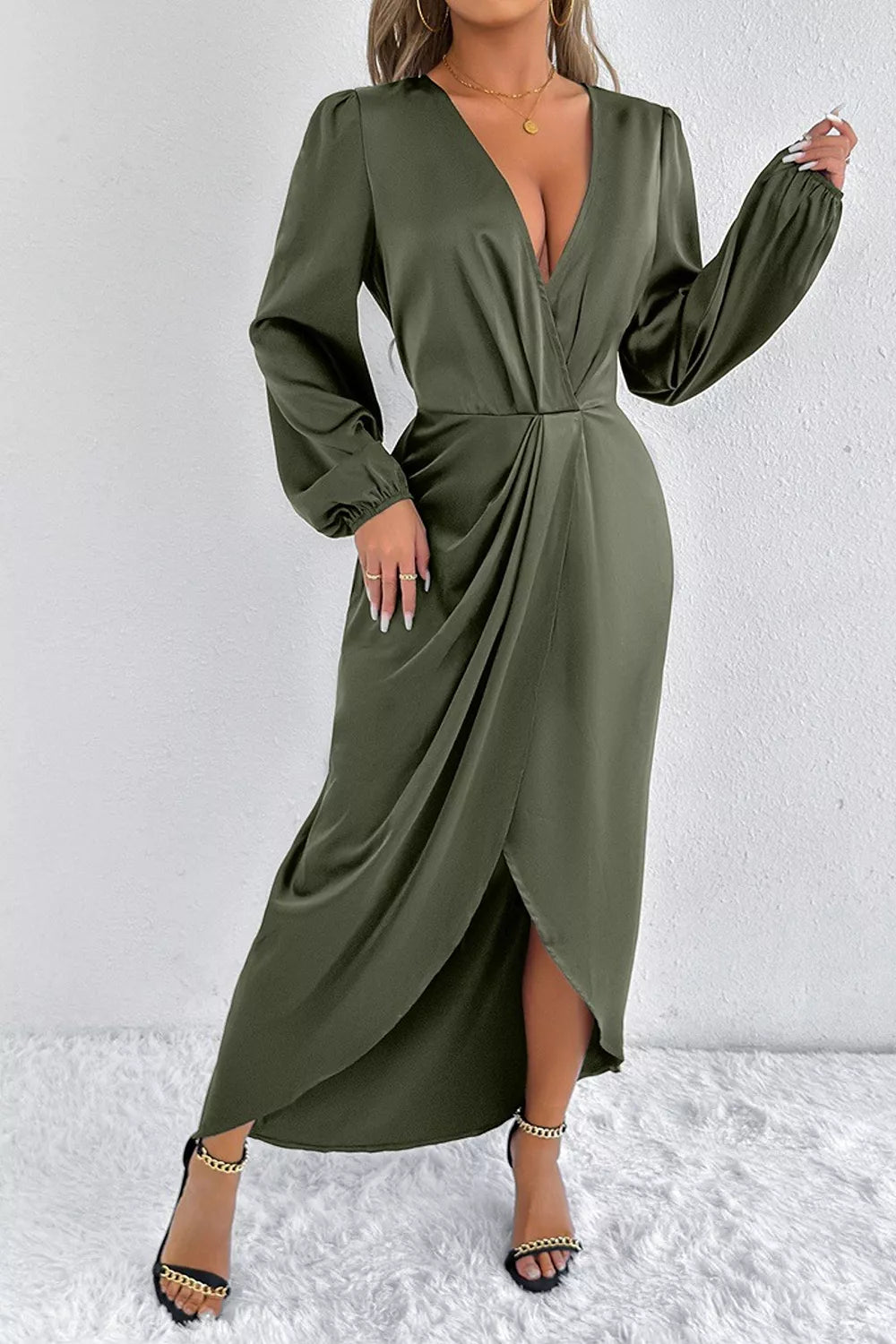 Satin Balloon Sleeve Midi Dress
