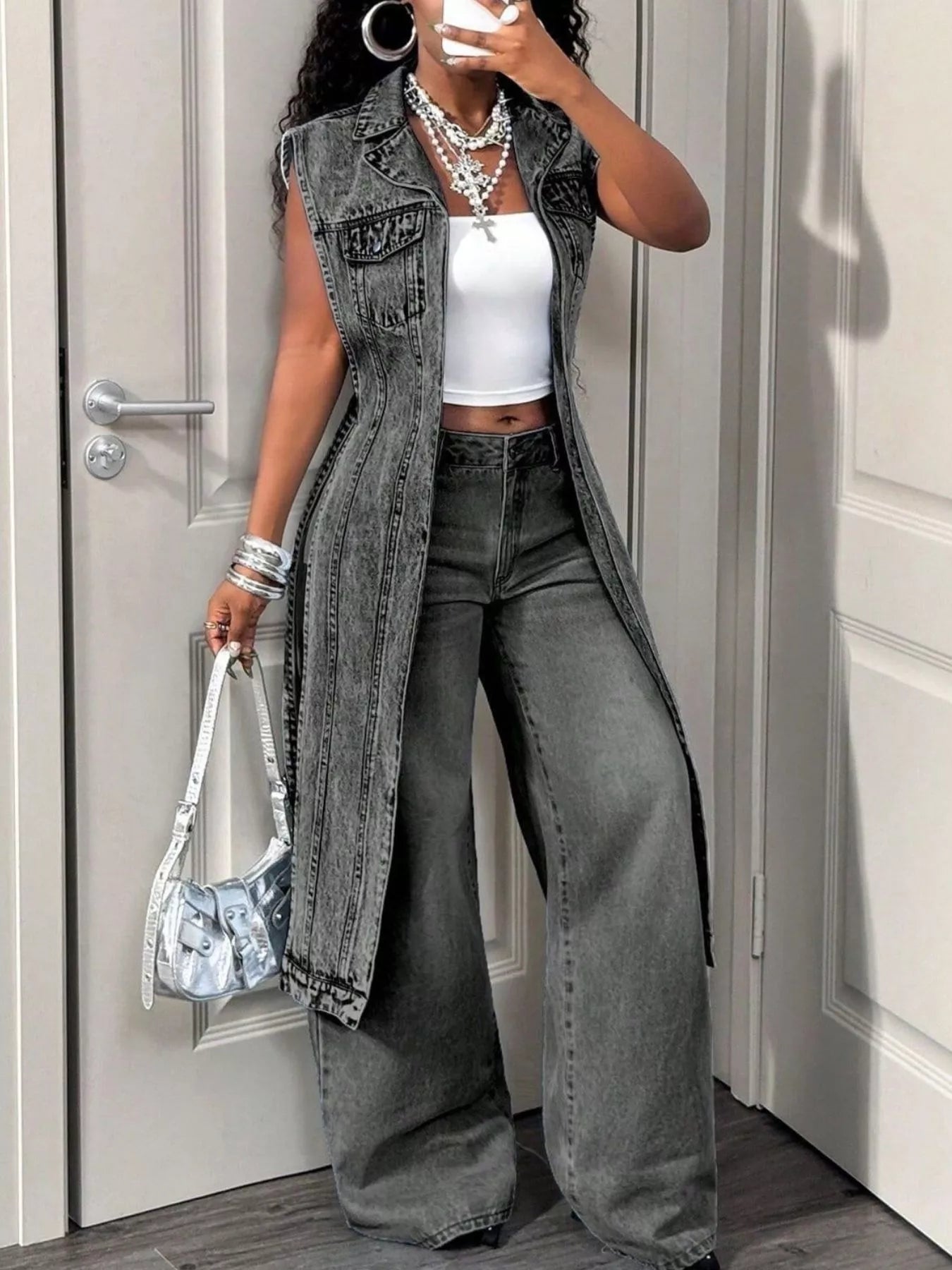 High-Low Open Front Denim Vest