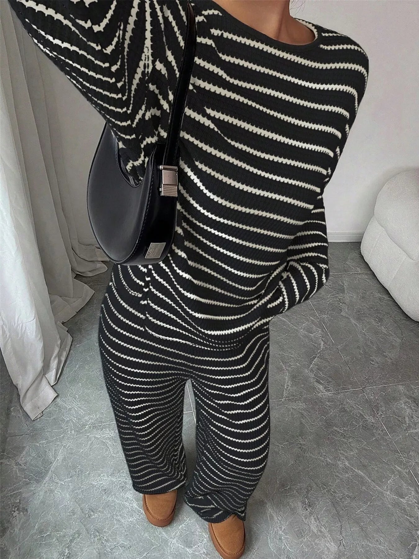 Striped Knit Dropped Shoulder Top and Pants Set