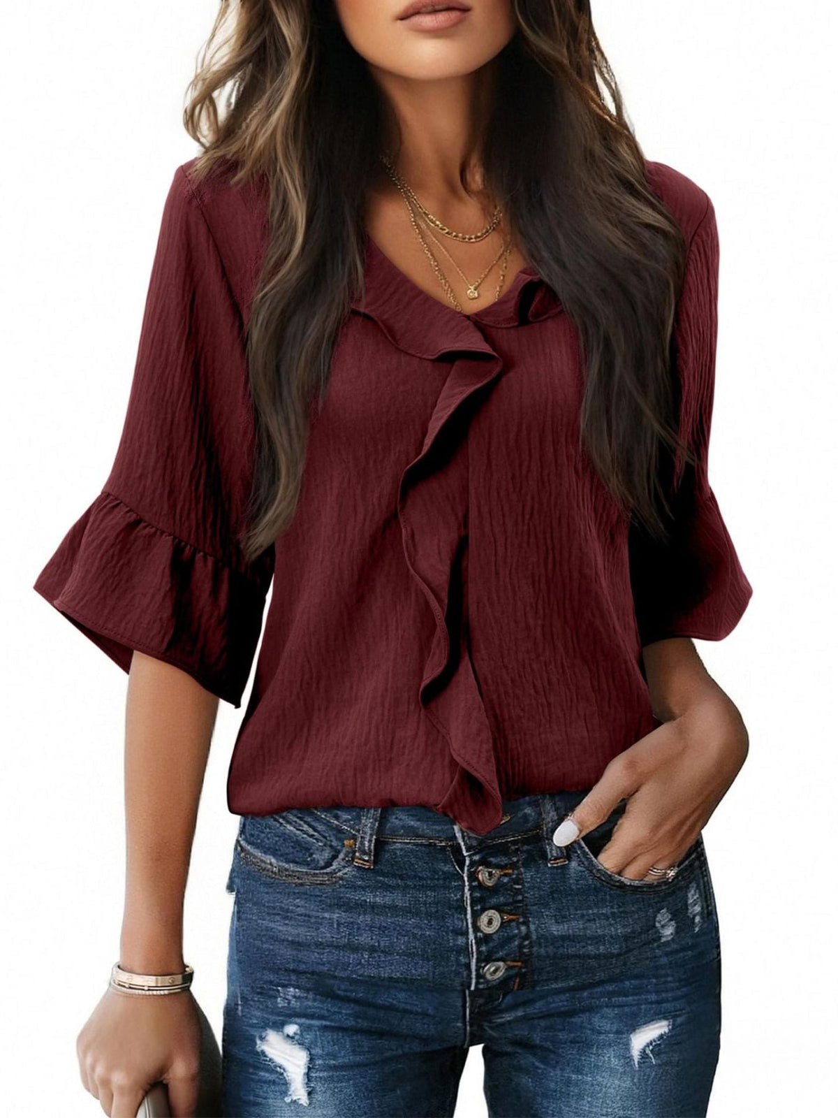 Ruffle V-Neck Flounce Sleeve Blouse